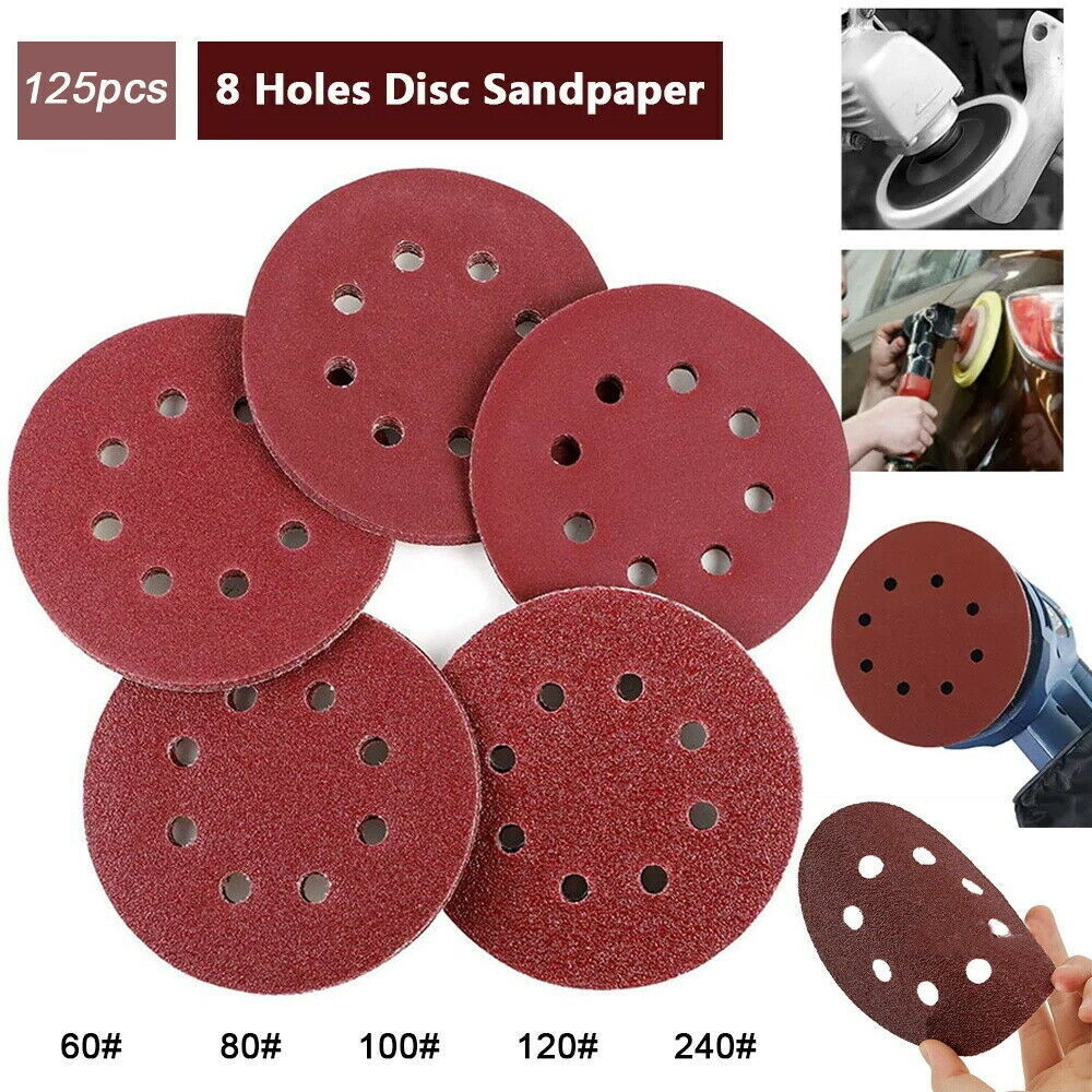 125Pcs 5 Inch 8-Hole Sanding Discs, 40/60/80/120/240 Grit for Orbital Sander Pad, UK