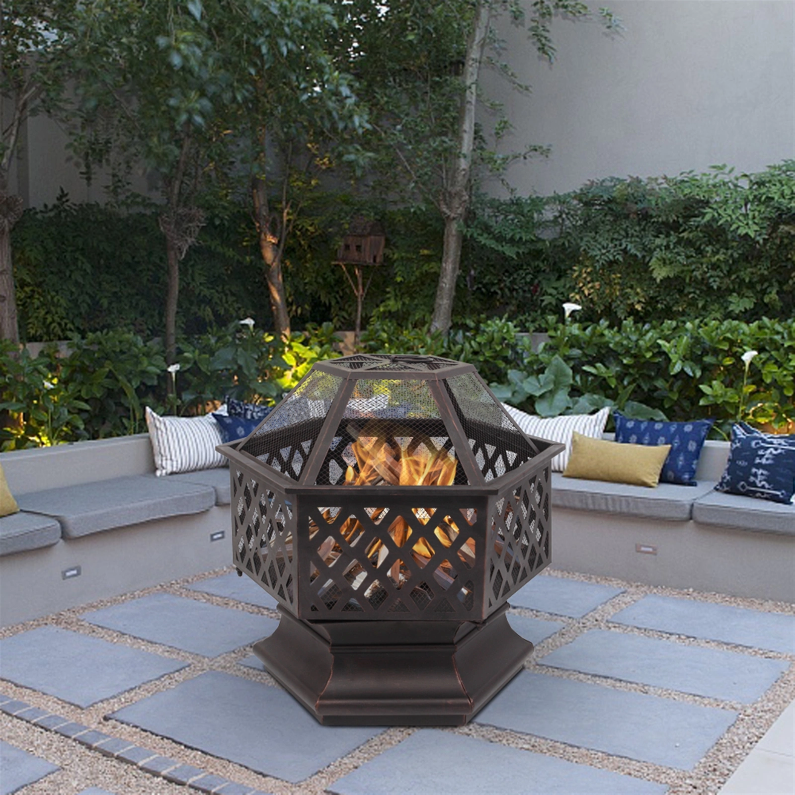 22" Hexagonal Shaped Iron Brazier Wood Burning Fire Pit Decoration for Backyard Poolside view 8