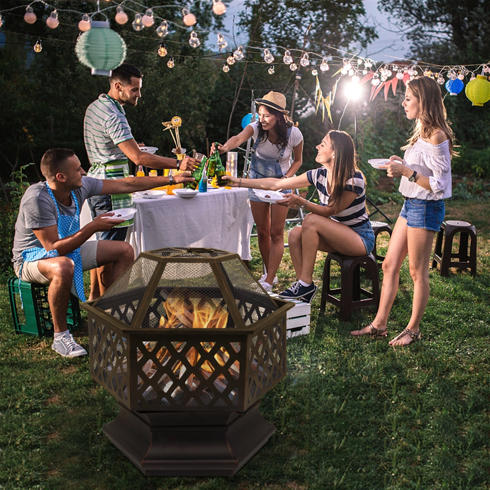 22" Hexagonal Shaped Iron Brazier Wood Burning Fire Pit Decoration for Backyard Poolside view 9