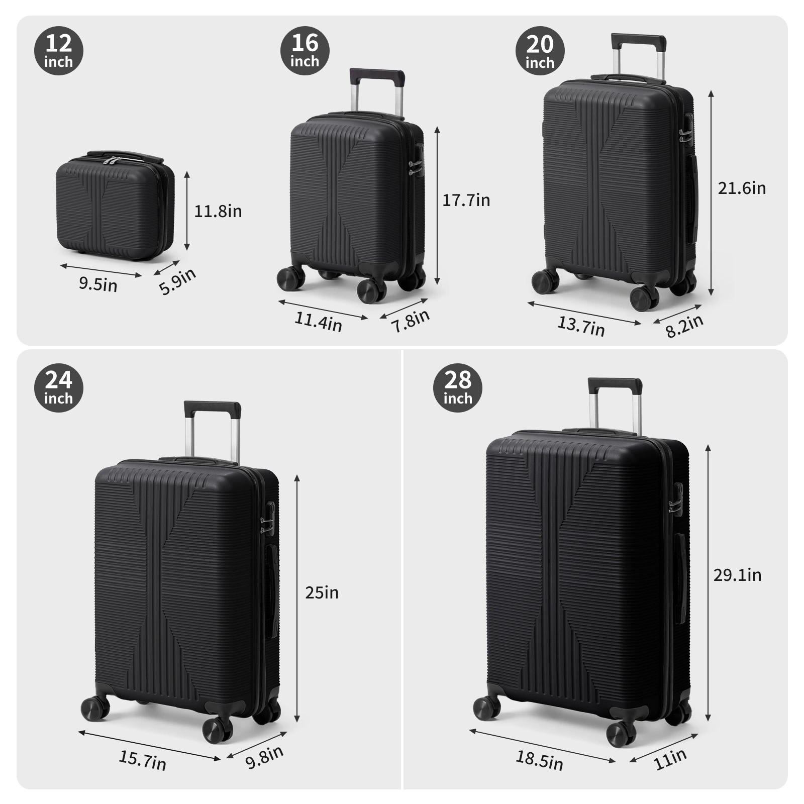5-Piece PP Spinner Luggage Set with Non-TSA Lock, 12/16/20/24/28 Inch, Black view 23