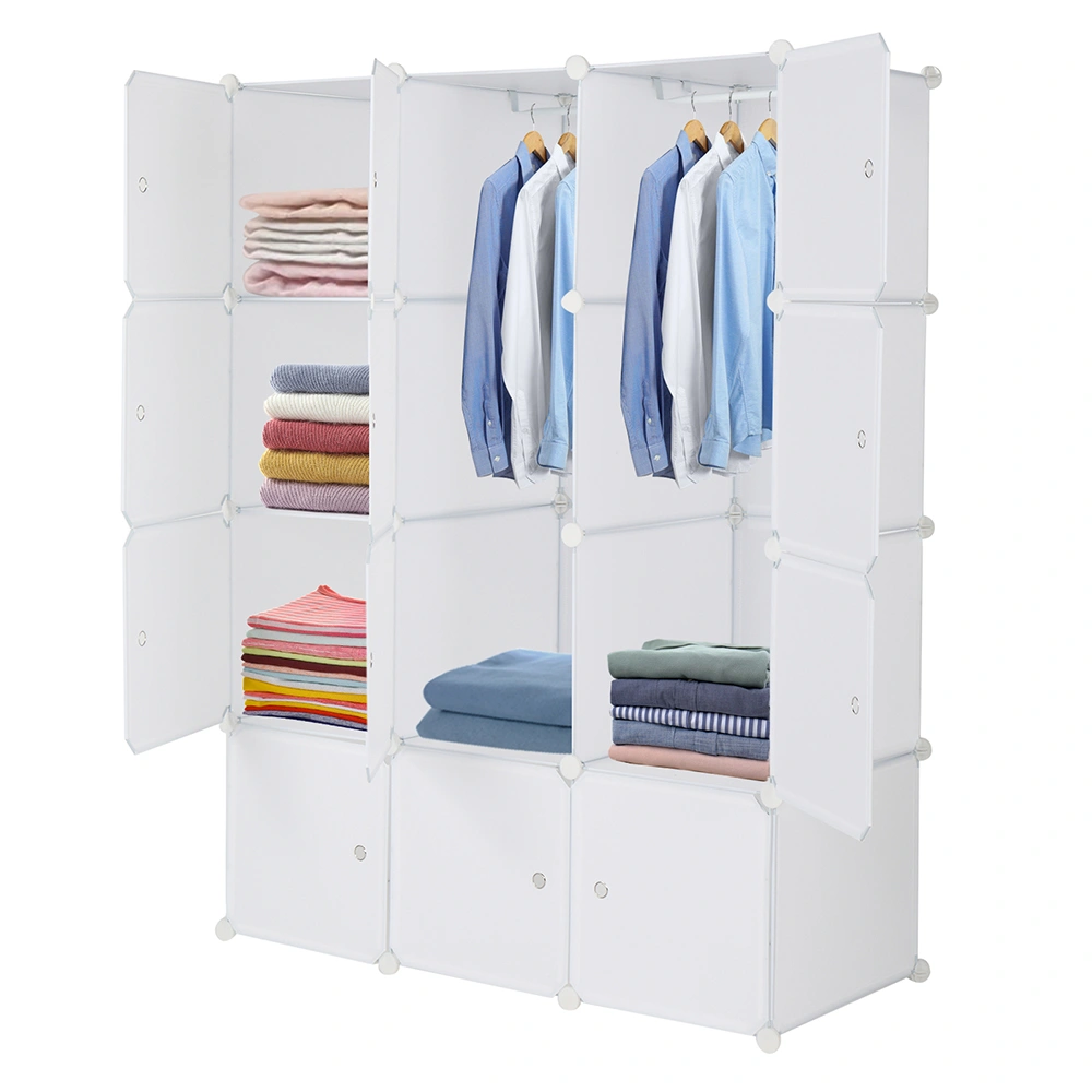 12-Cube Organizer Stackable Plastic Storage Shelves, Modular Closet Cabinet with Hanging Rod, White