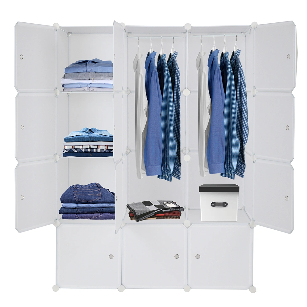 12-Cube Organizer Stackable Plastic Storage Shelves, Modular Closet Cabinet with Hanging Rod, White view 2