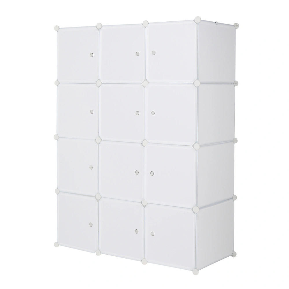 12-Cube Organizer Stackable Plastic Storage Shelves, Modular Closet Cabinet with Hanging Rod, White view 3