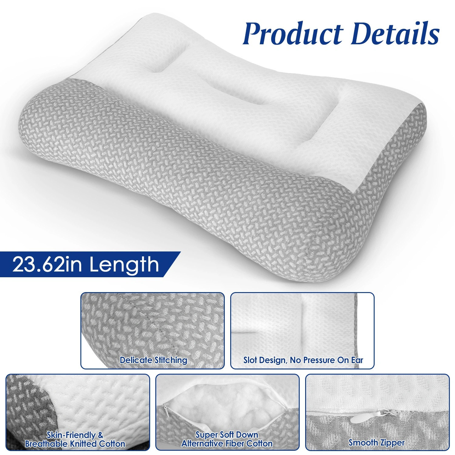 2 Pcs Ergonomic Sleep Pillow with Ear Hole, Breathable Mesh, Dual-Sided High Low Zoned Support, Down Alternative Fiber Fill for Side Back Belly Sleepers view 3