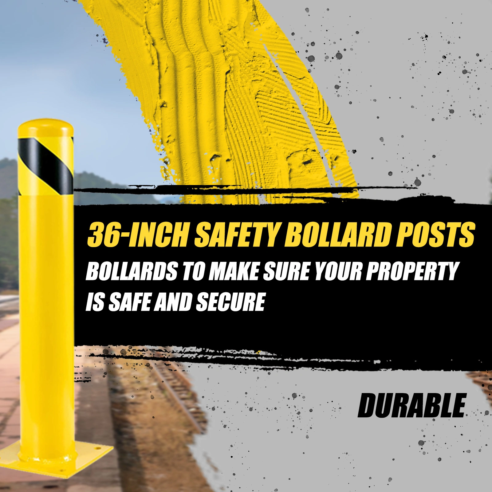 Safety Bollard Post 91cm Height Steel Parking Bollard 9cm Diameter Yellow Powder Coated Barrier Post for Traffic Sensitive Areas, 6PCS view 2