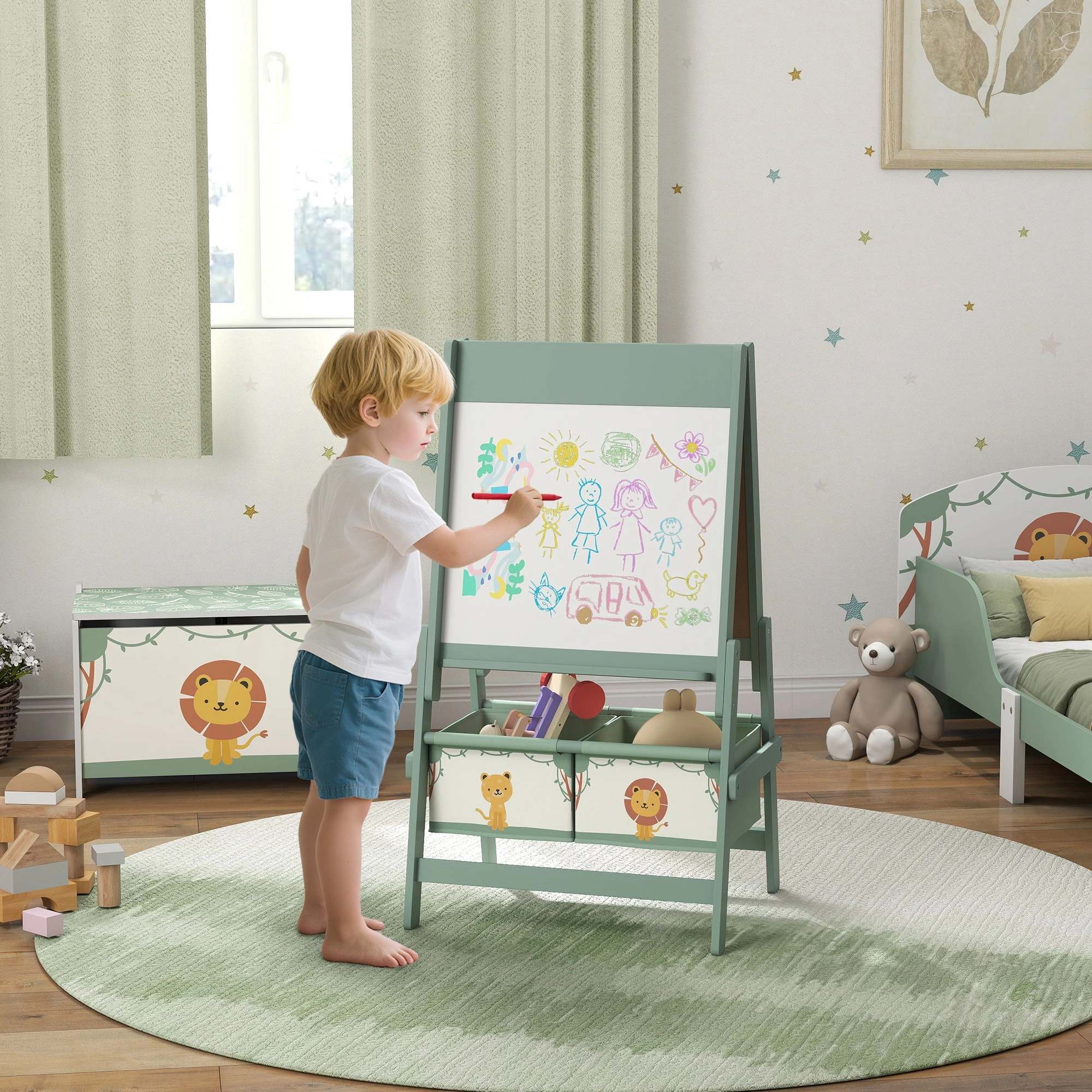 Kids Double Sided Easel - Magnetic Whiteboard & Chalkboard Art Desk for Toddlers & Children, Adjustable Height, Sturdy Wood Frame