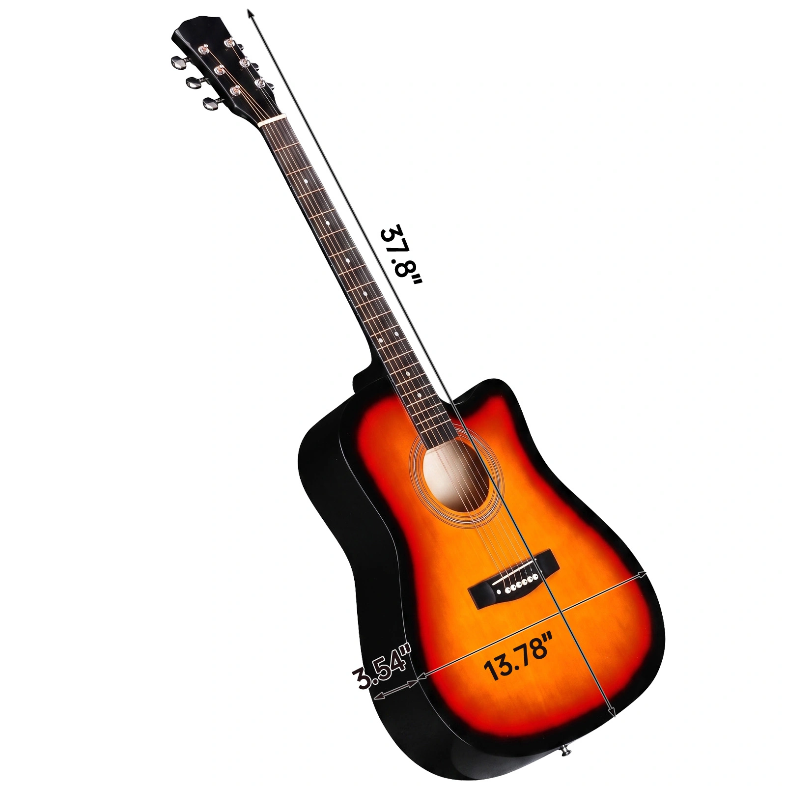 Sunset color 41-inch Dreadnought barrel-shaped cutaway acoustic guitar with pick, strings, capo, gig bag, tuner, wrench tool, and shoulder strap view 12