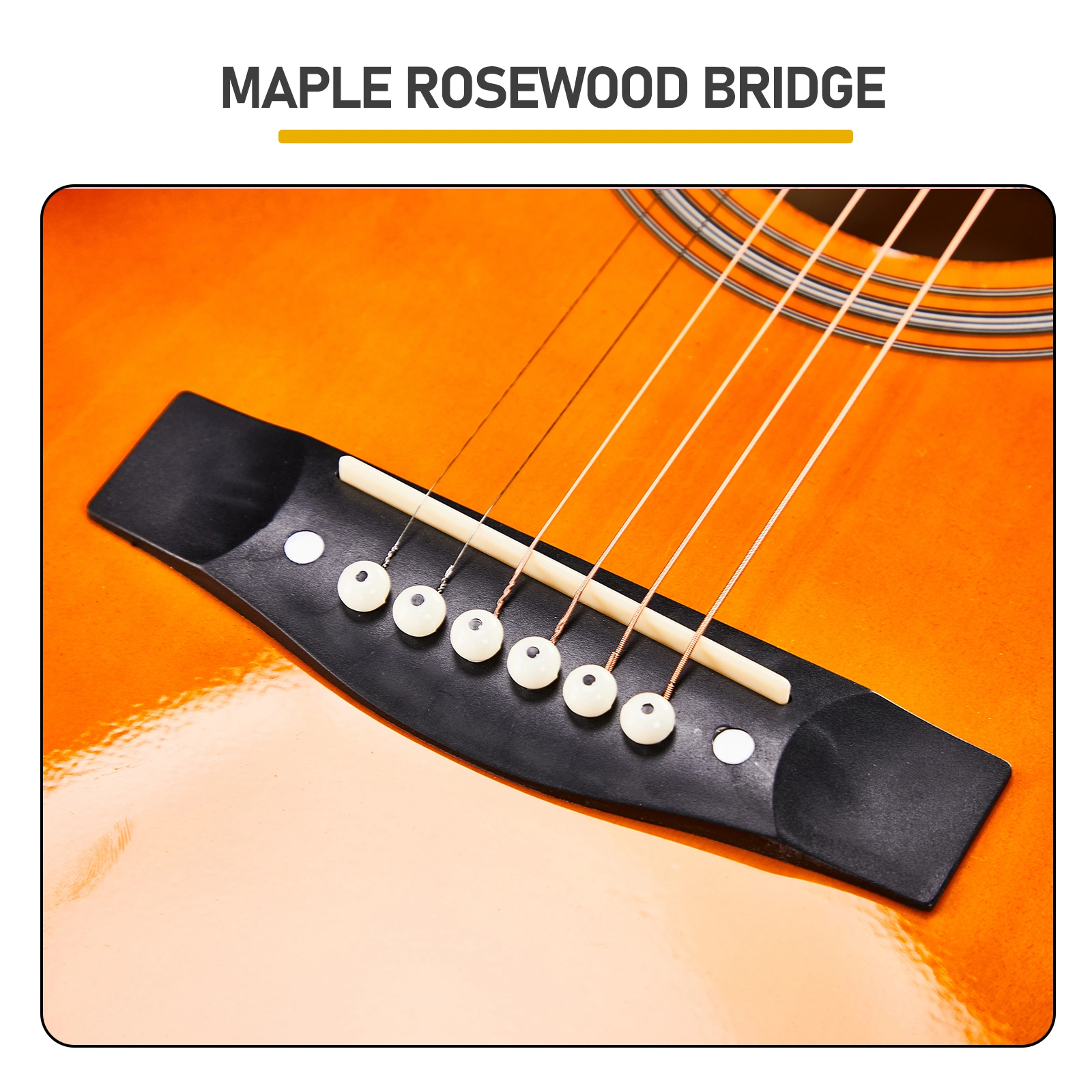 Sunset color 41-inch Dreadnought barrel-shaped cutaway acoustic guitar with pick, strings, capo, gig bag, tuner, wrench tool, and shoulder strap view 7