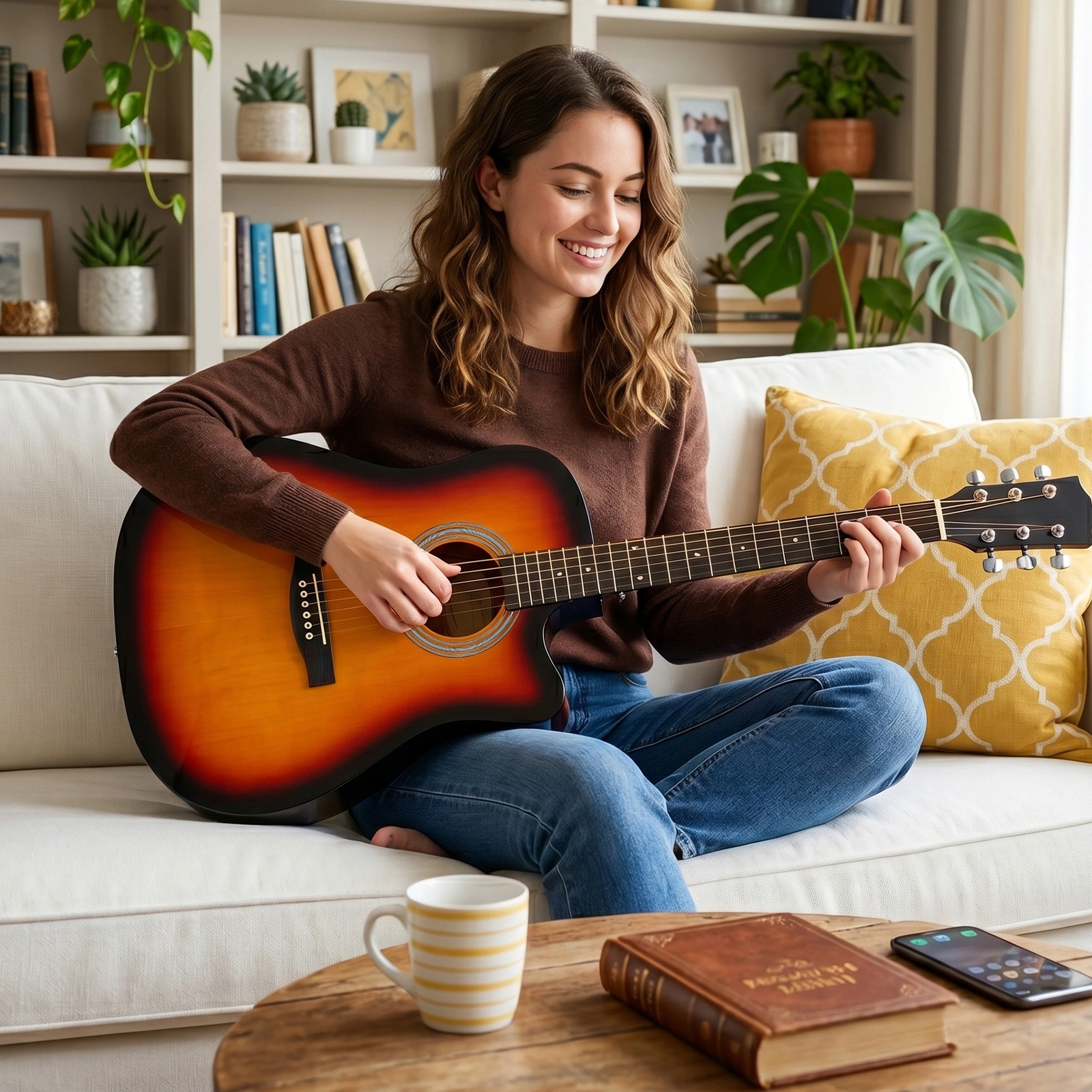 Sunset color 41-inch Dreadnought barrel-shaped cutaway acoustic guitar with pick, strings, capo, gig bag, tuner, wrench tool, and shoulder strap view 8