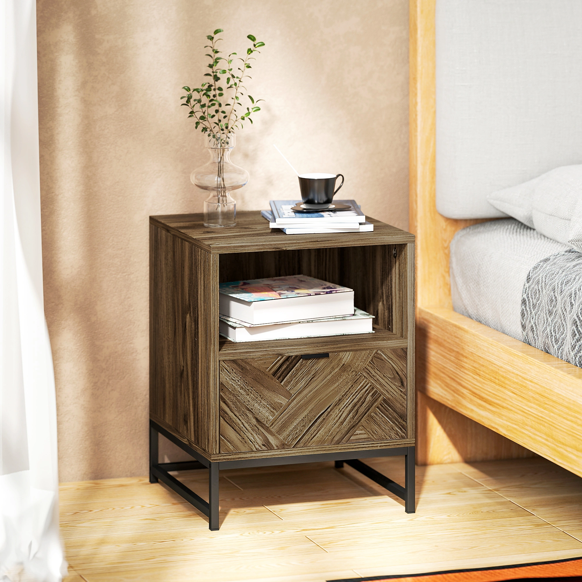 Rattan Coffee Table - Wicker Storage End Table with Tray Top for Living Room, Sofa Side view 4