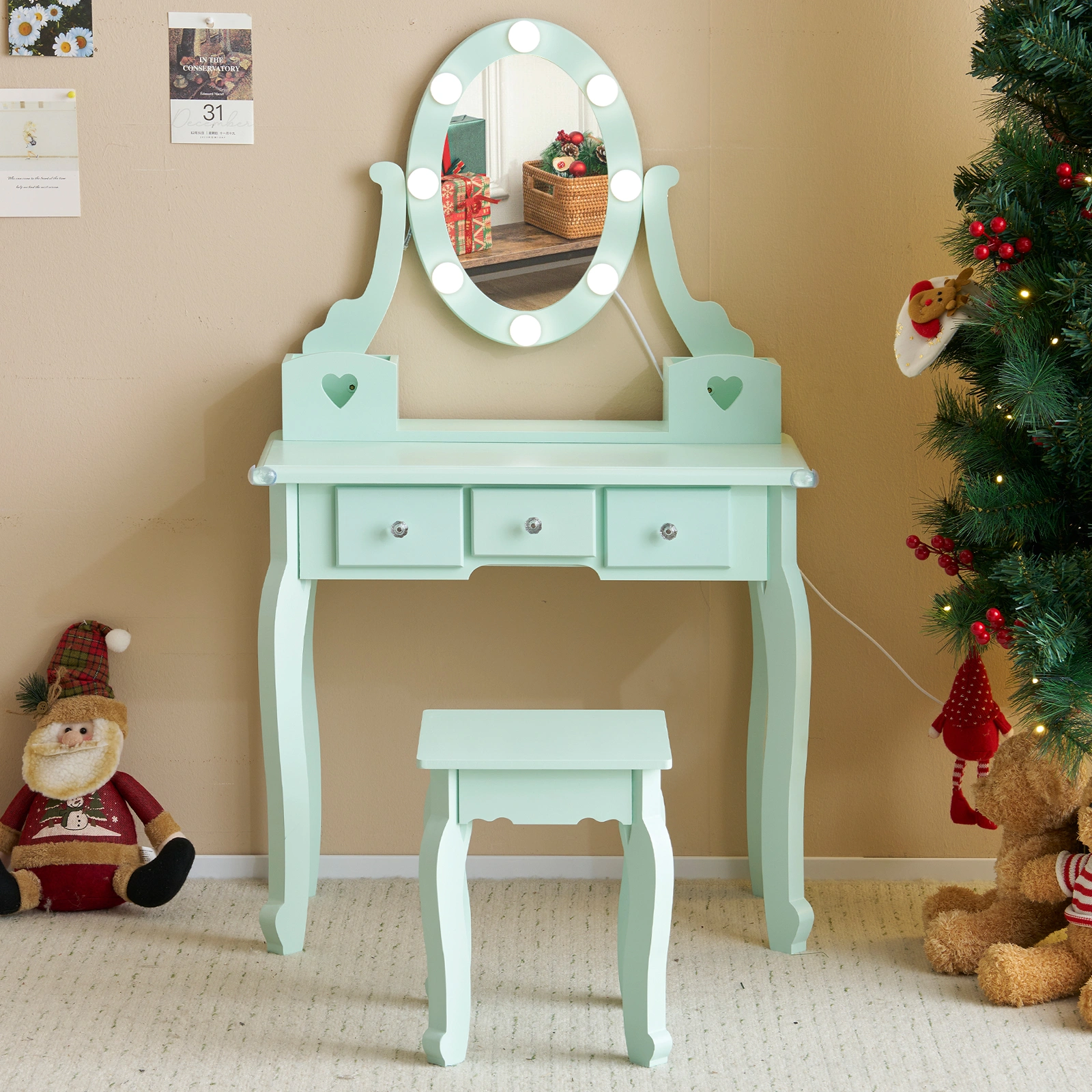 Kids Vanity Set with Mirror and Lights and Stool, 5 Storage Drawers, Pretend Play Princess Makeup Desk Dressing Table and Stool Set for Little Girls Age 3+, Macaroon Green