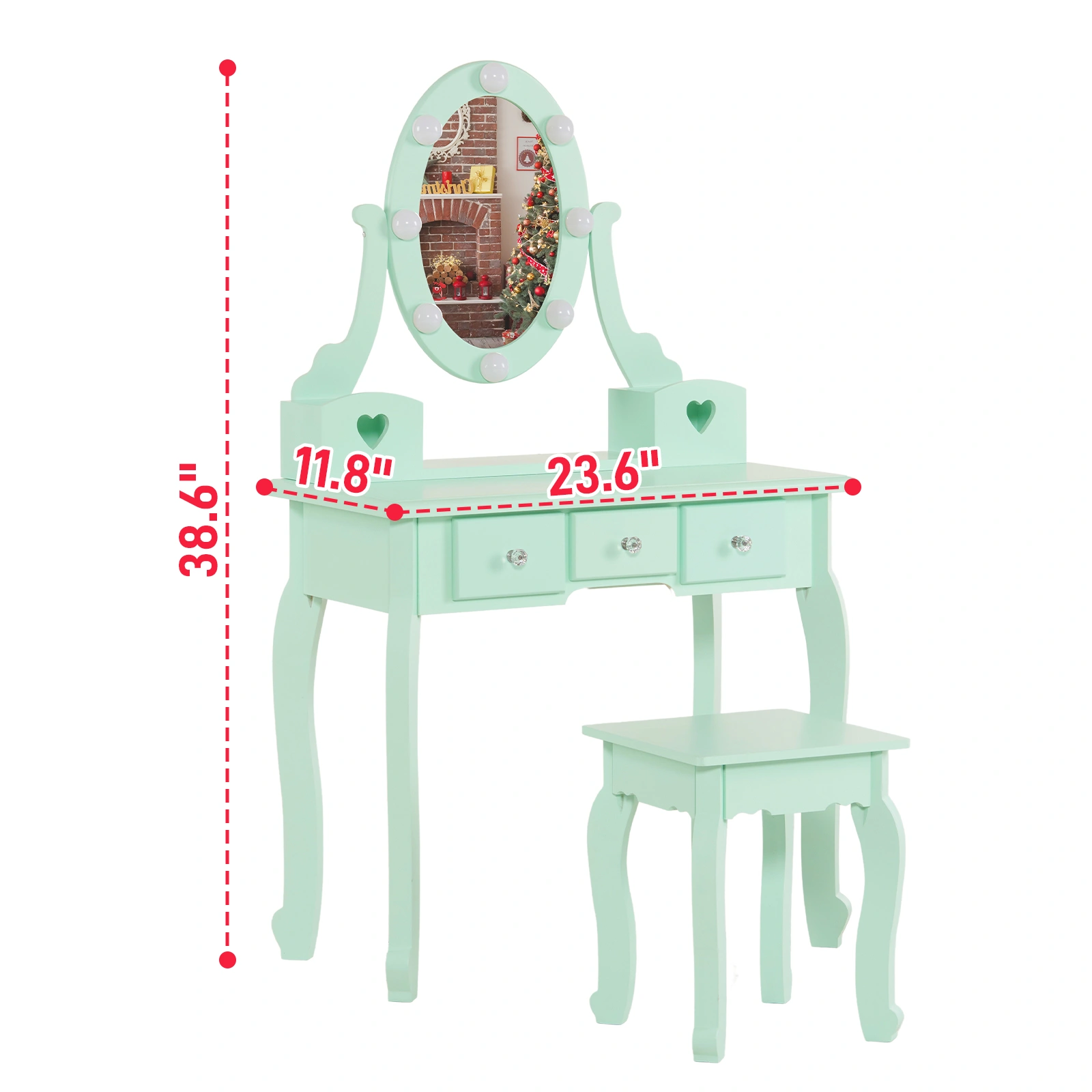 Kids Vanity Set with Mirror and Lights and Stool, 5 Storage Drawers, Pretend Play Princess Makeup Desk Dressing Table and Stool Set for Little Girls Age 3+, Macaroon Green view 10