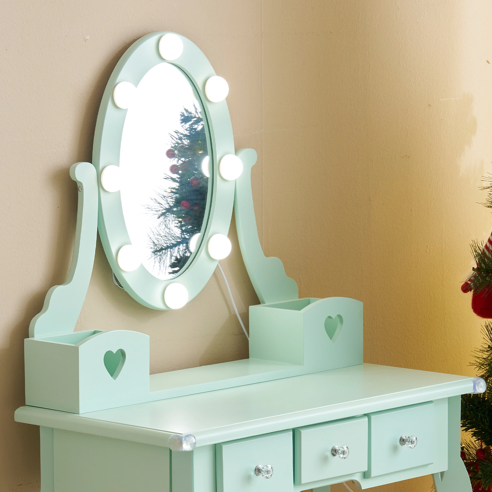 Kids Vanity Set with Mirror and Lights and Stool, 5 Storage Drawers, Pretend Play Princess Makeup Desk Dressing Table and Stool Set for Little Girls Age 3+, Macaroon Green view 11