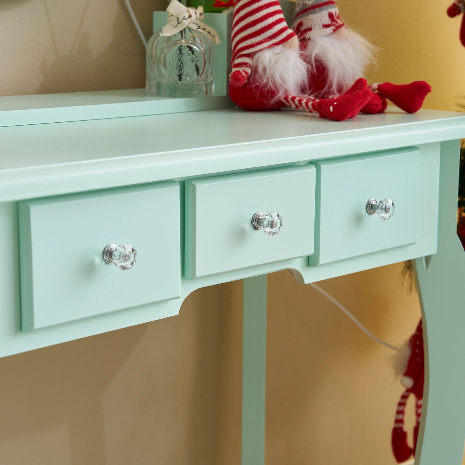 Kids Vanity Set with Mirror and Lights and Stool, 5 Storage Drawers, Pretend Play Princess Makeup Desk Dressing Table and Stool Set for Little Girls Age 3+, Macaroon Green view 12
