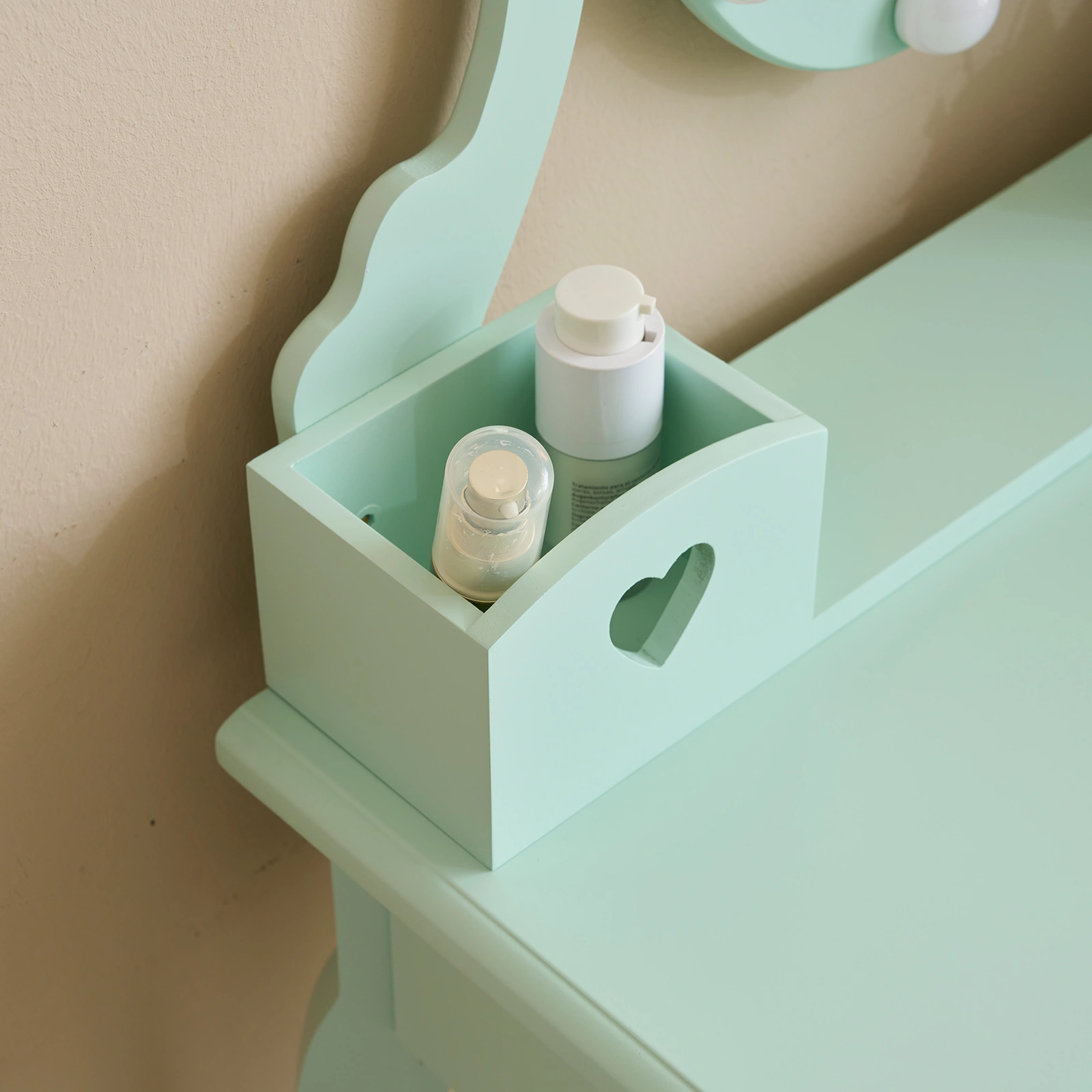 Kids Vanity Set with Mirror and Lights and Stool, 5 Storage Drawers, Pretend Play Princess Makeup Desk Dressing Table and Stool Set for Little Girls Age 3+, Macaroon Green view 15