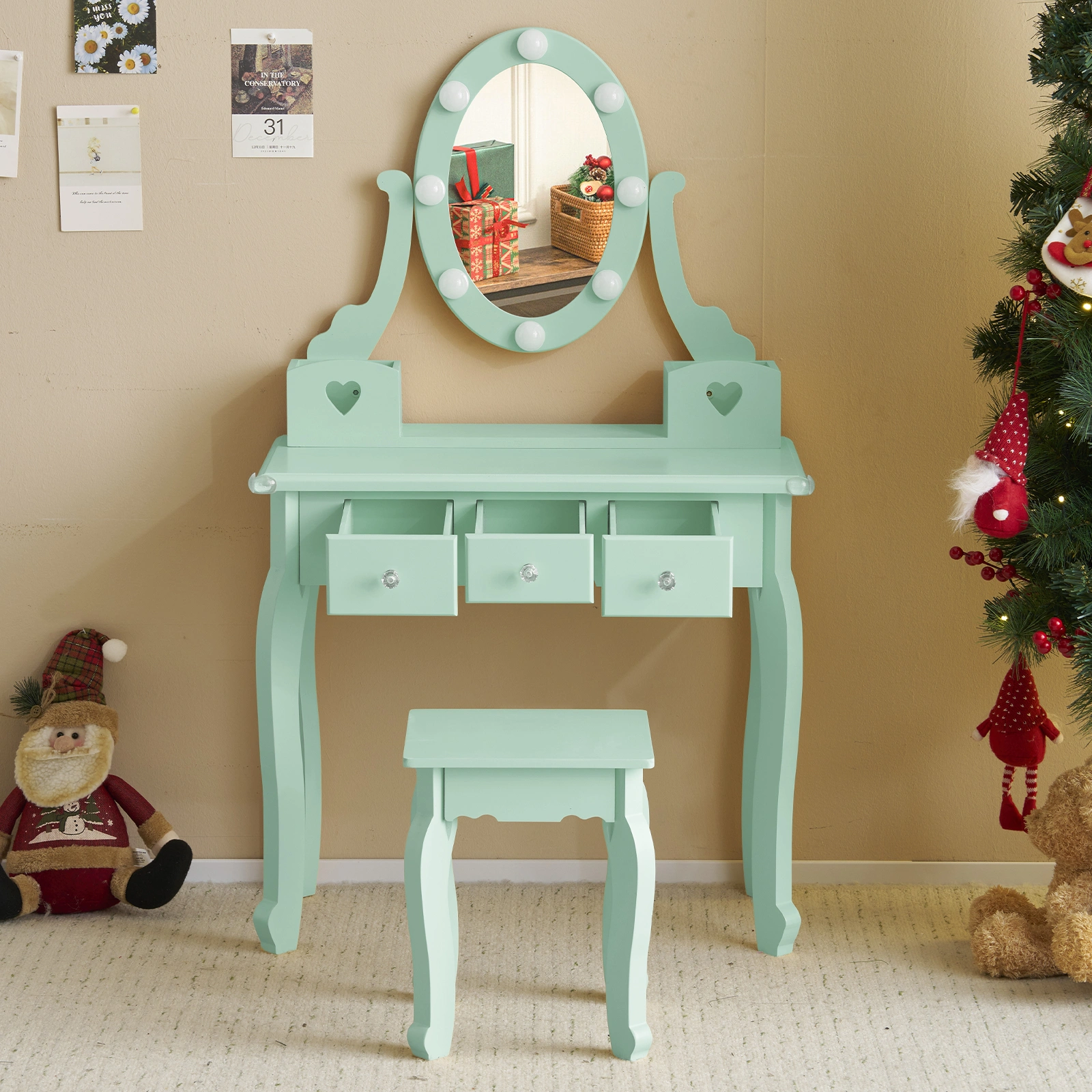 Kids Vanity Set with Mirror and Lights and Stool, 5 Storage Drawers, Pretend Play Princess Makeup Desk Dressing Table and Stool Set for Little Girls Age 3+, Macaroon Green view 3