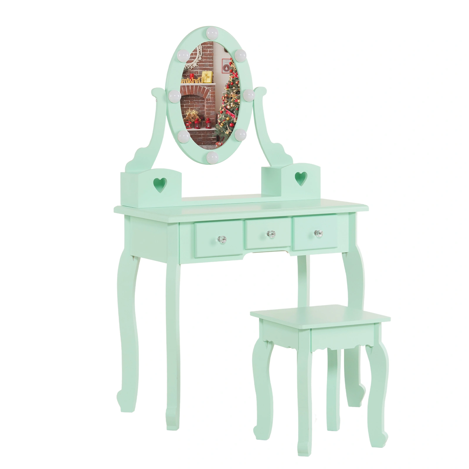 Kids Vanity Set with Mirror and Lights and Stool, 5 Storage Drawers, Pretend Play Princess Makeup Desk Dressing Table and Stool Set for Little Girls Age 3+, Macaroon Green view 7