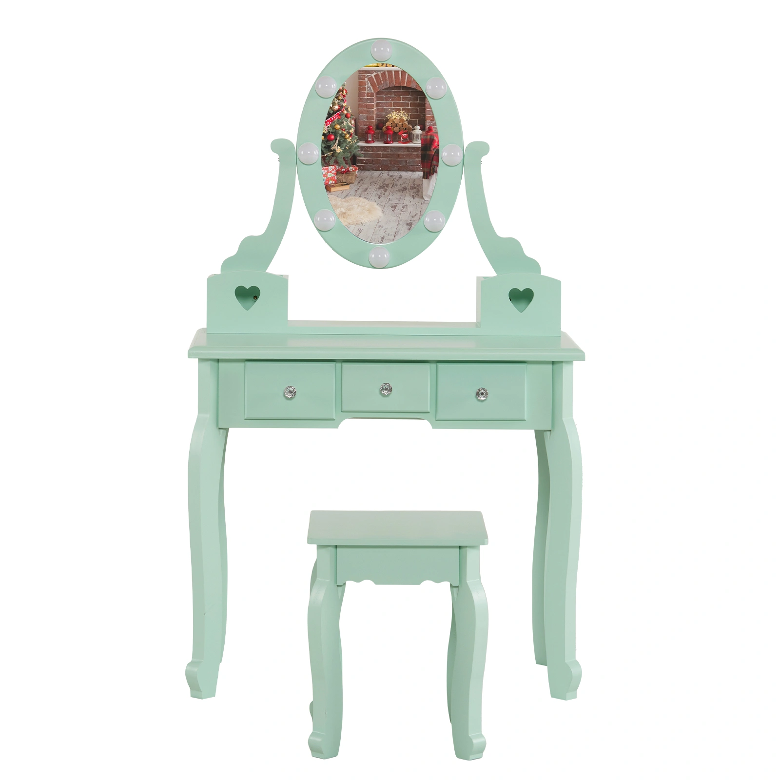 Kids Vanity Set with Mirror and Lights and Stool, 5 Storage Drawers, Pretend Play Princess Makeup Desk Dressing Table and Stool Set for Little Girls Age 3+, Macaroon Green view 8