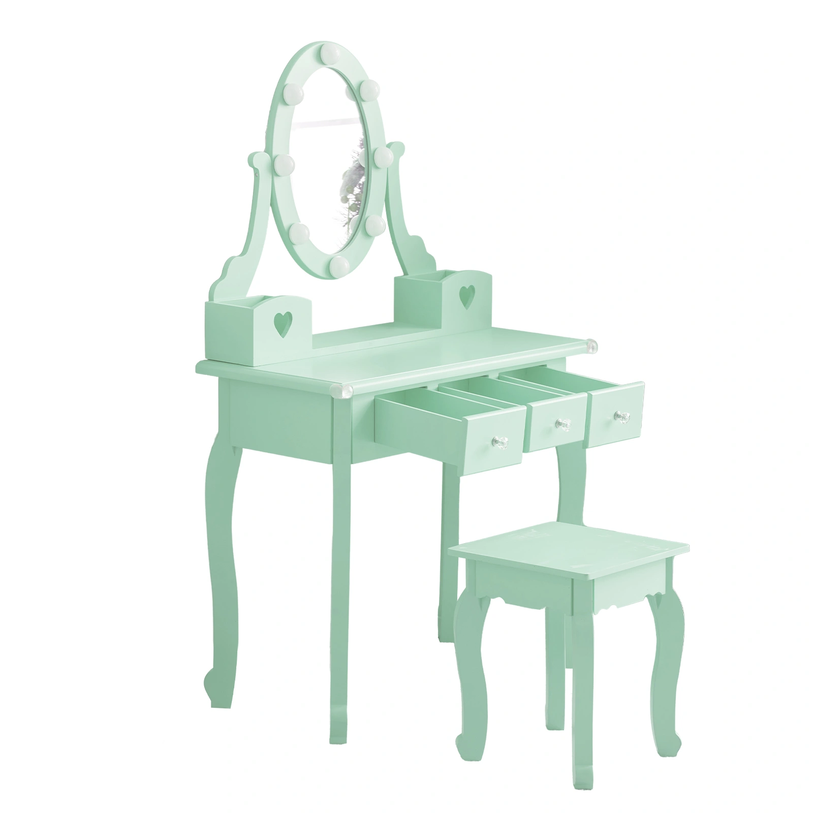 Kids Vanity Set with Mirror and Lights and Stool, 5 Storage Drawers, Pretend Play Princess Makeup Desk Dressing Table and Stool Set for Little Girls Age 3+, Macaroon Green view 9