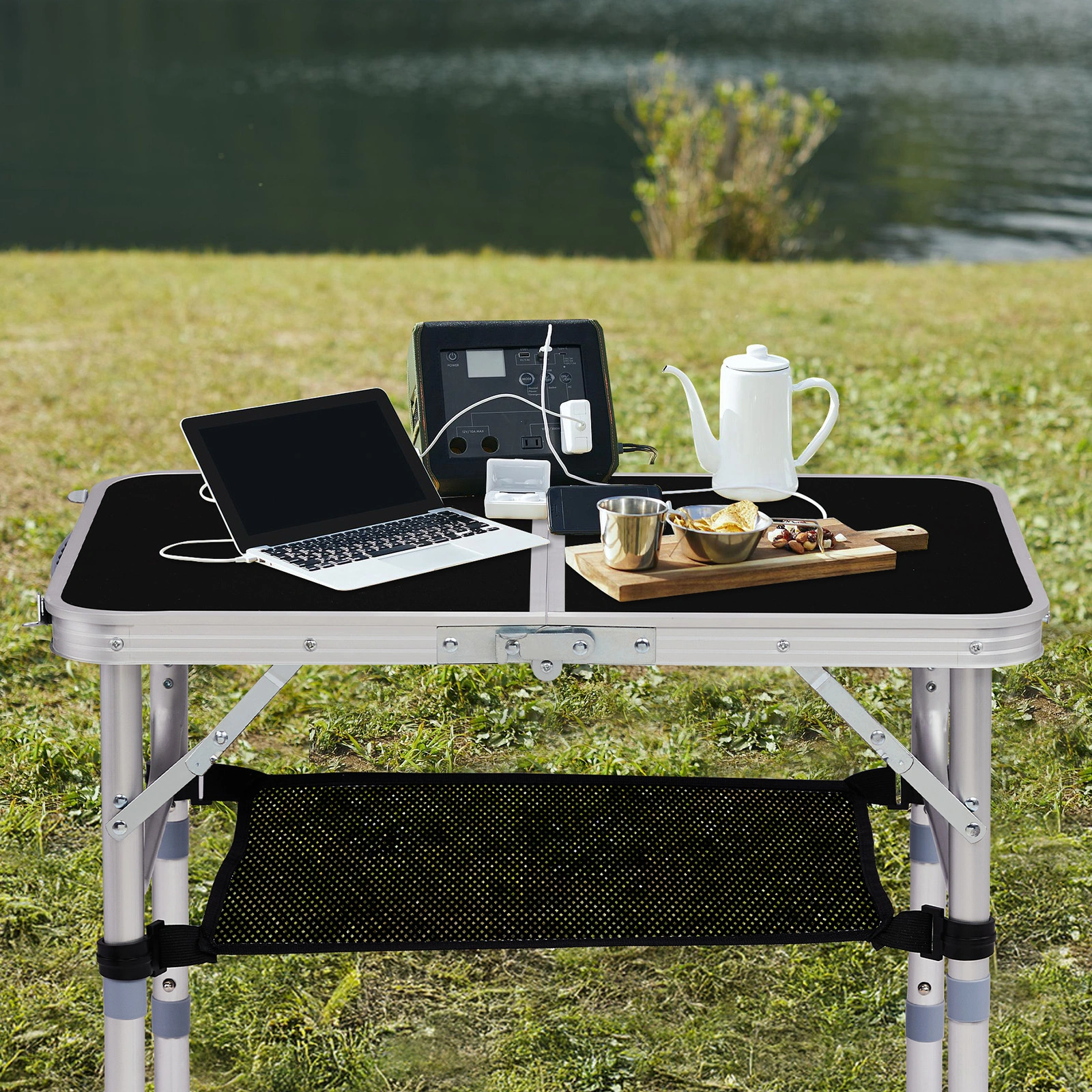 Outdoor Folding Camping Table, 2ft Portable Pinic Table with 3 Adjustable Height, Small Aluminum Foldable Lightweight Patio Side Table with Carry Handle for Outdoor Indoor Hiking Camp BBQ Beach, Black view 4