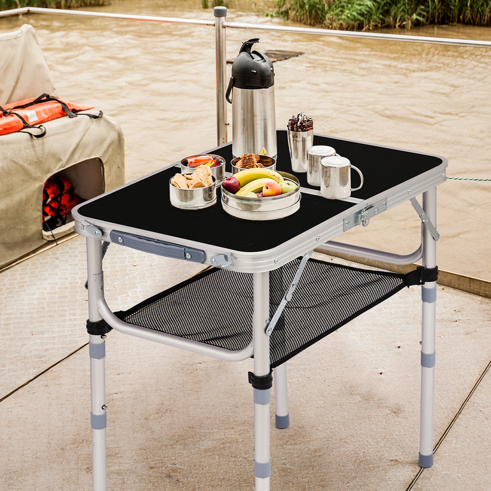 Outdoor Folding Camping Table, 2ft Portable Pinic Table with 3 Adjustable Height, Small Aluminum Foldable Lightweight Patio Side Table with Carry Handle for Outdoor Indoor Hiking Camp BBQ Beach, Black view 5
