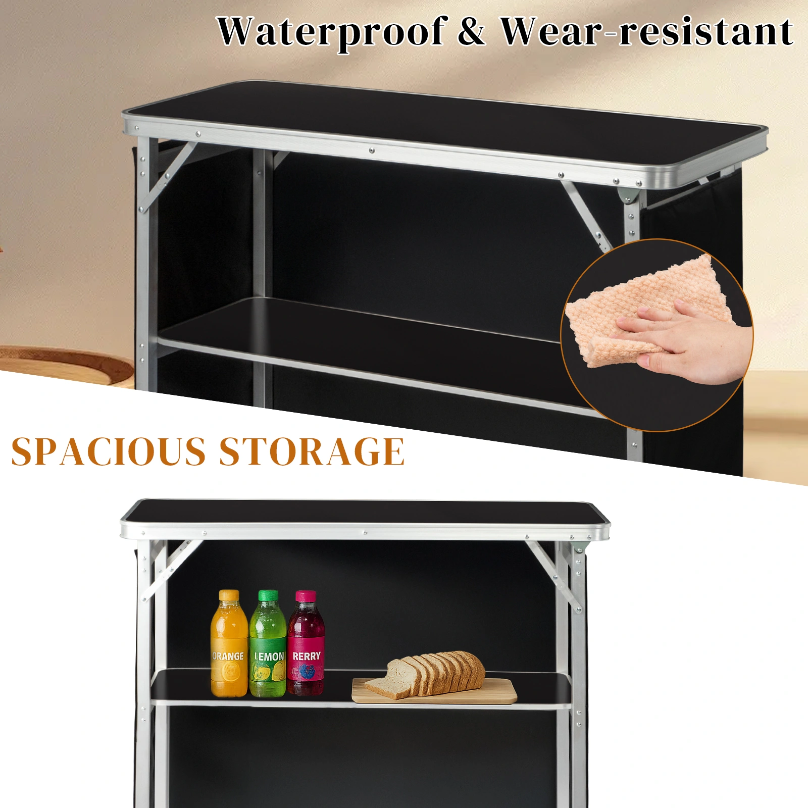 Portable Folding Bar Table with Shelf, Tradeshow Podium Table with Black Skirt and Carrying Bag, for Indoor Outdoor Party Picnic Exhibition, Black view 11