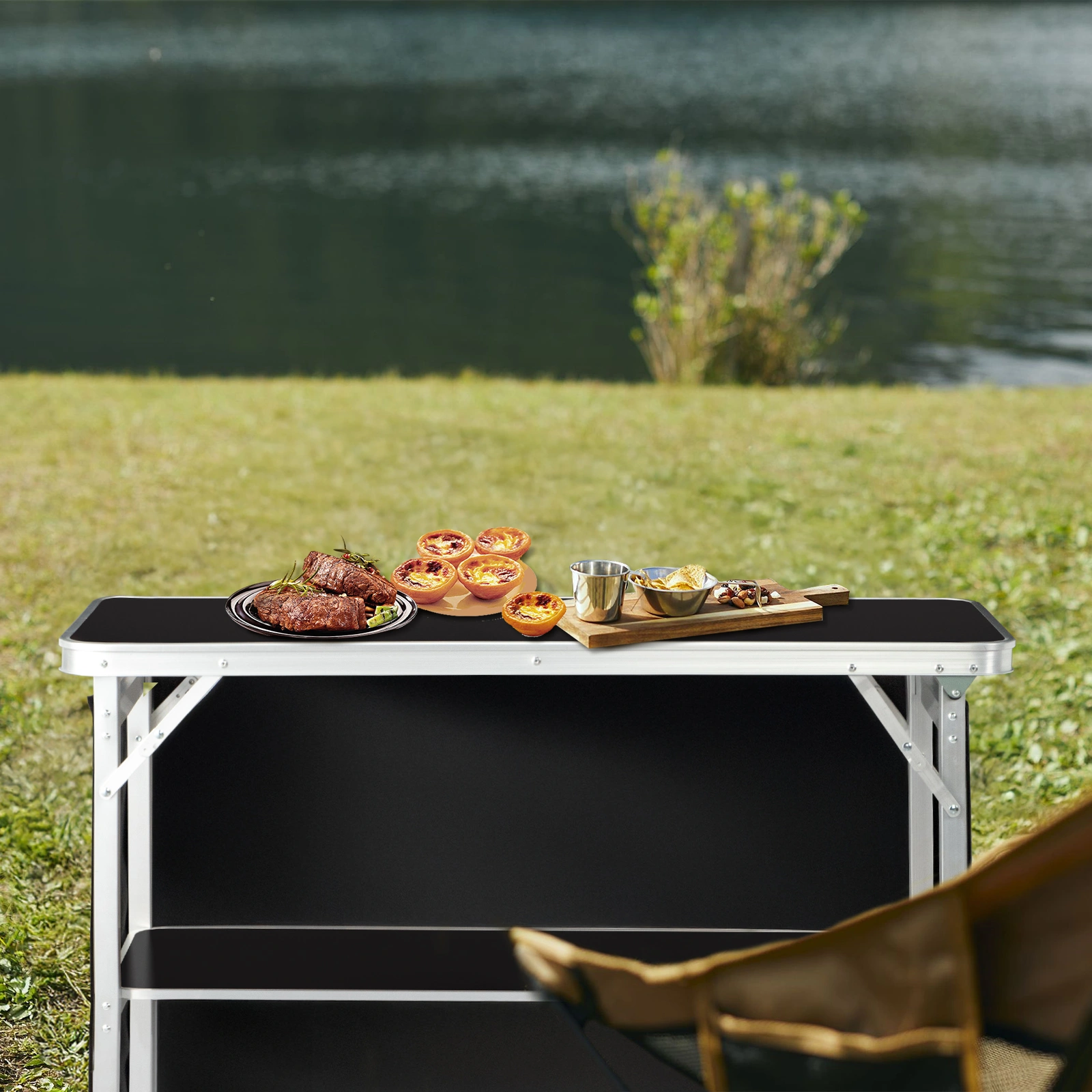 Portable Folding Bar Table with Shelf, Tradeshow Podium Table with Black Skirt and Carrying Bag, for Indoor Outdoor Party Picnic Exhibition, Black view 14