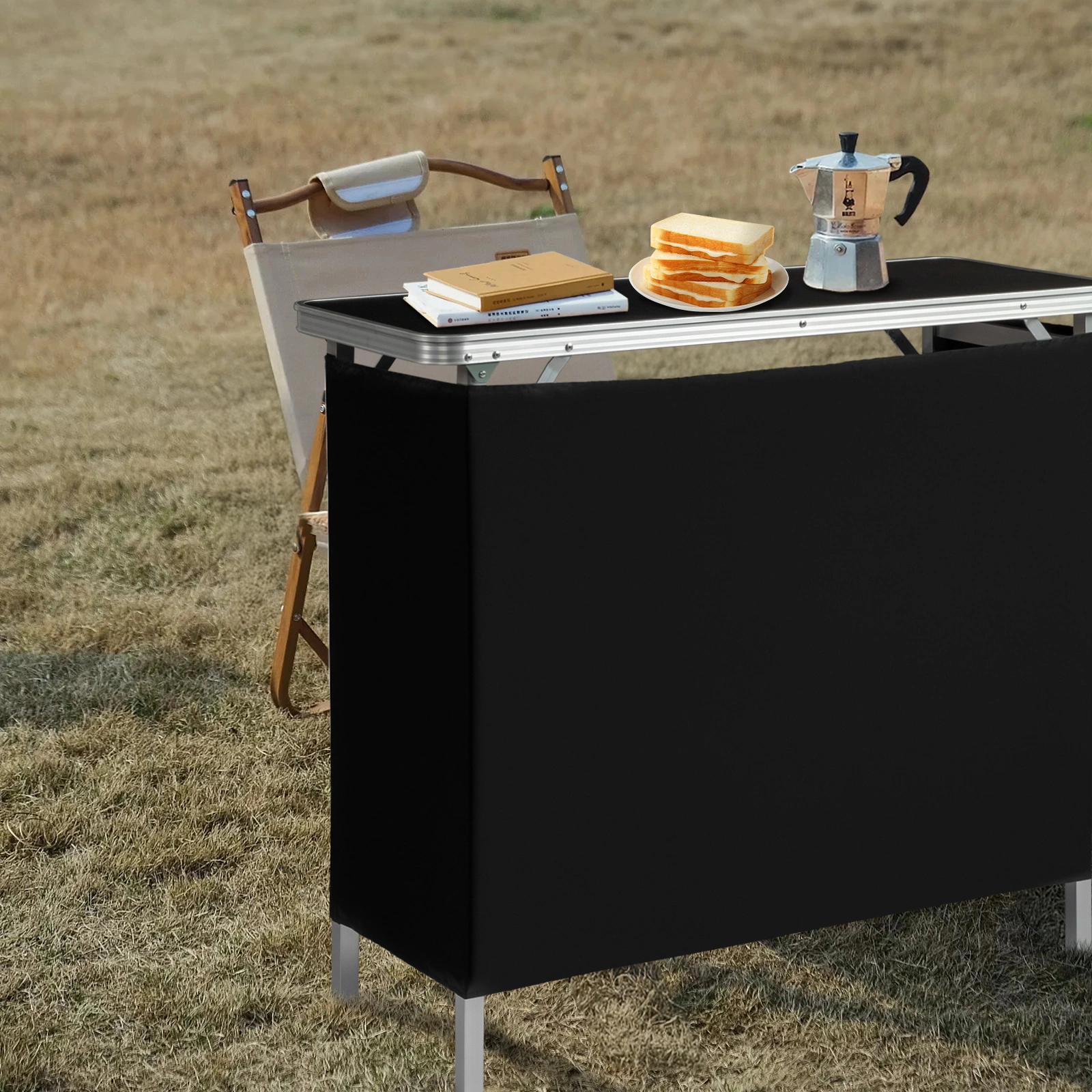 Portable Folding Bar Table with Shelf, Tradeshow Podium Table with Black Skirt and Carrying Bag, for Indoor Outdoor Party Picnic Exhibition, Black view 15