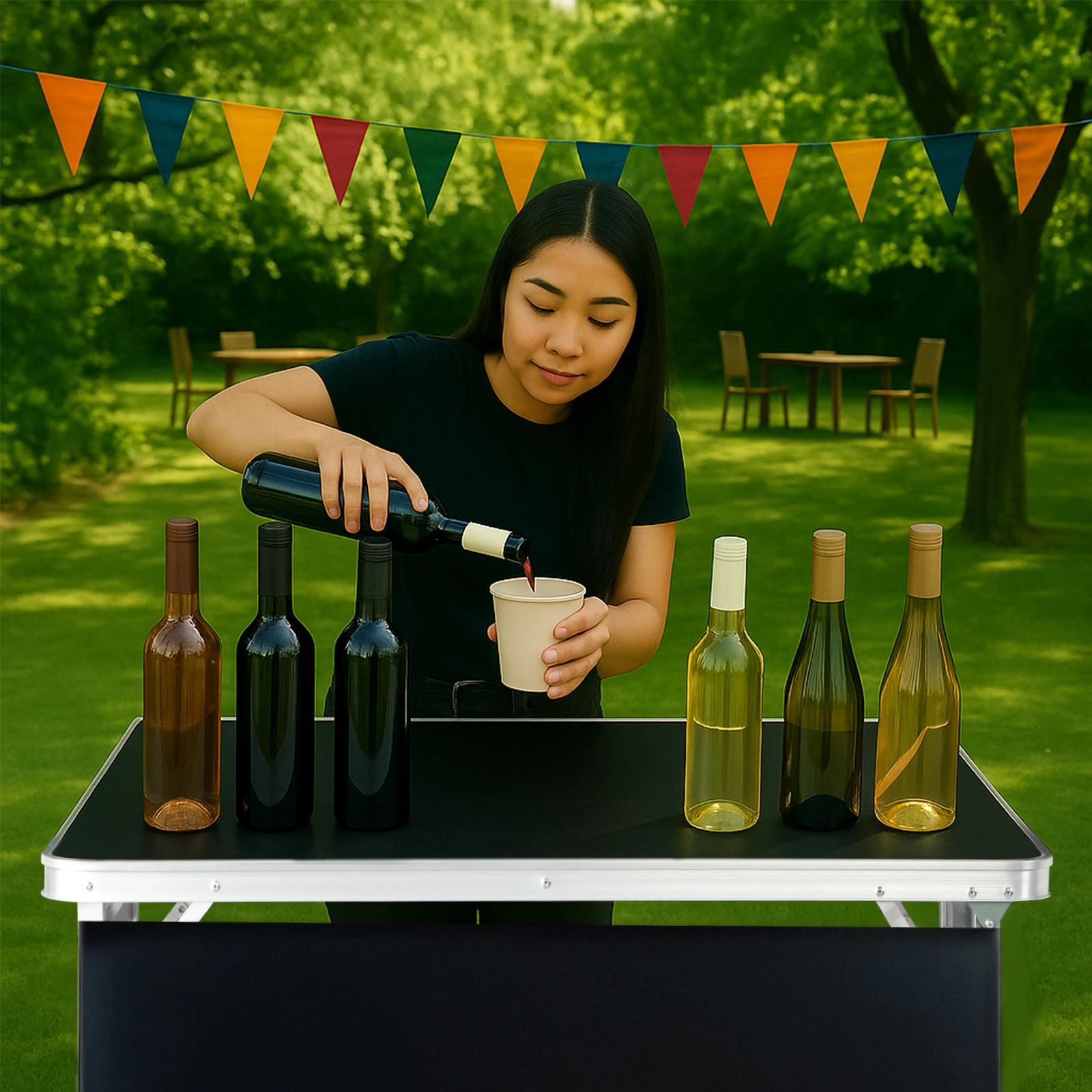 Portable Folding Bar Table with Shelf, Tradeshow Podium Table with Black Skirt and Carrying Bag, for Indoor Outdoor Party Picnic Exhibition, Black view 17