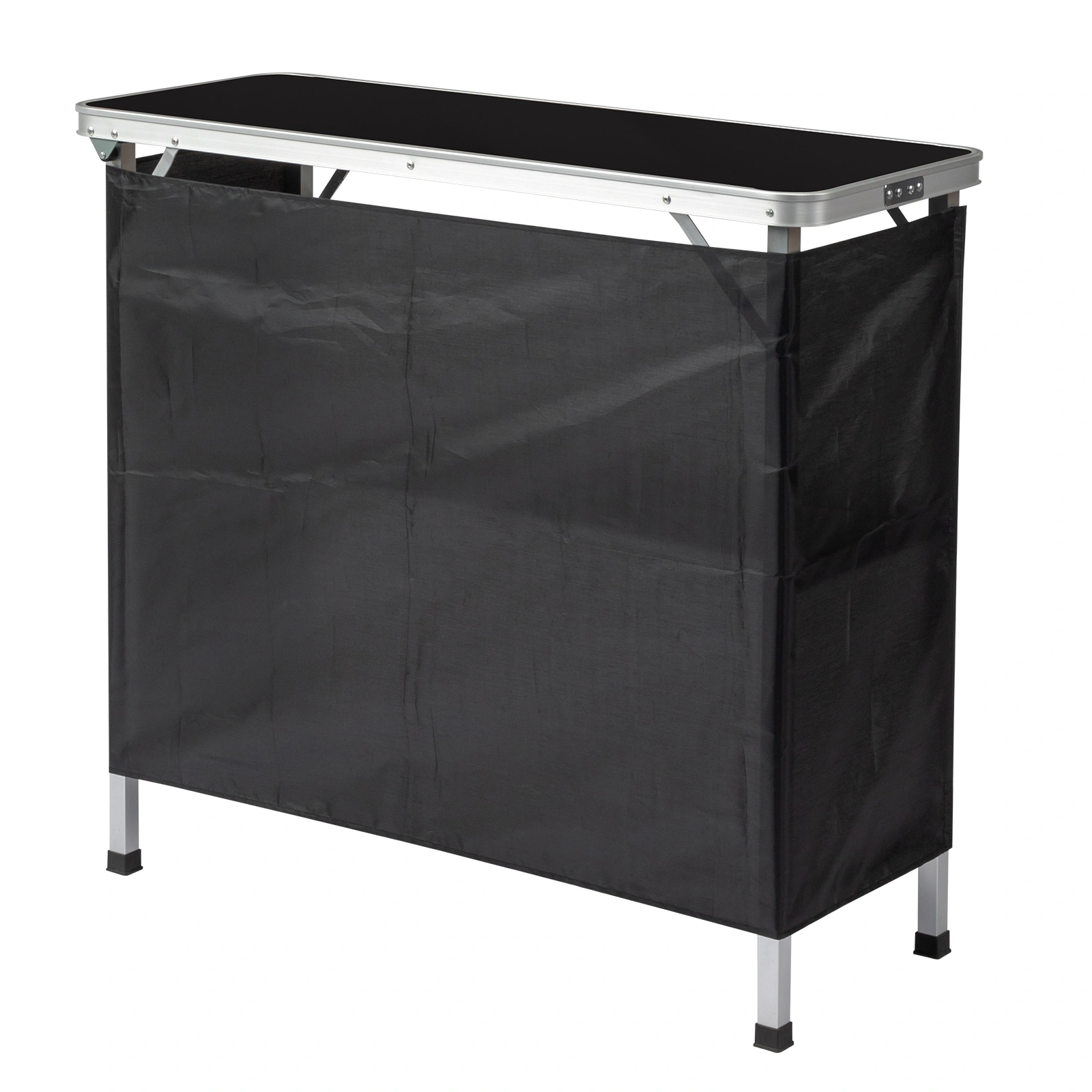 Portable Folding Bar Table with Shelf, Tradeshow Podium Table with Black Skirt and Carrying Bag, for Indoor Outdoor Party Picnic Exhibition, Black view 3