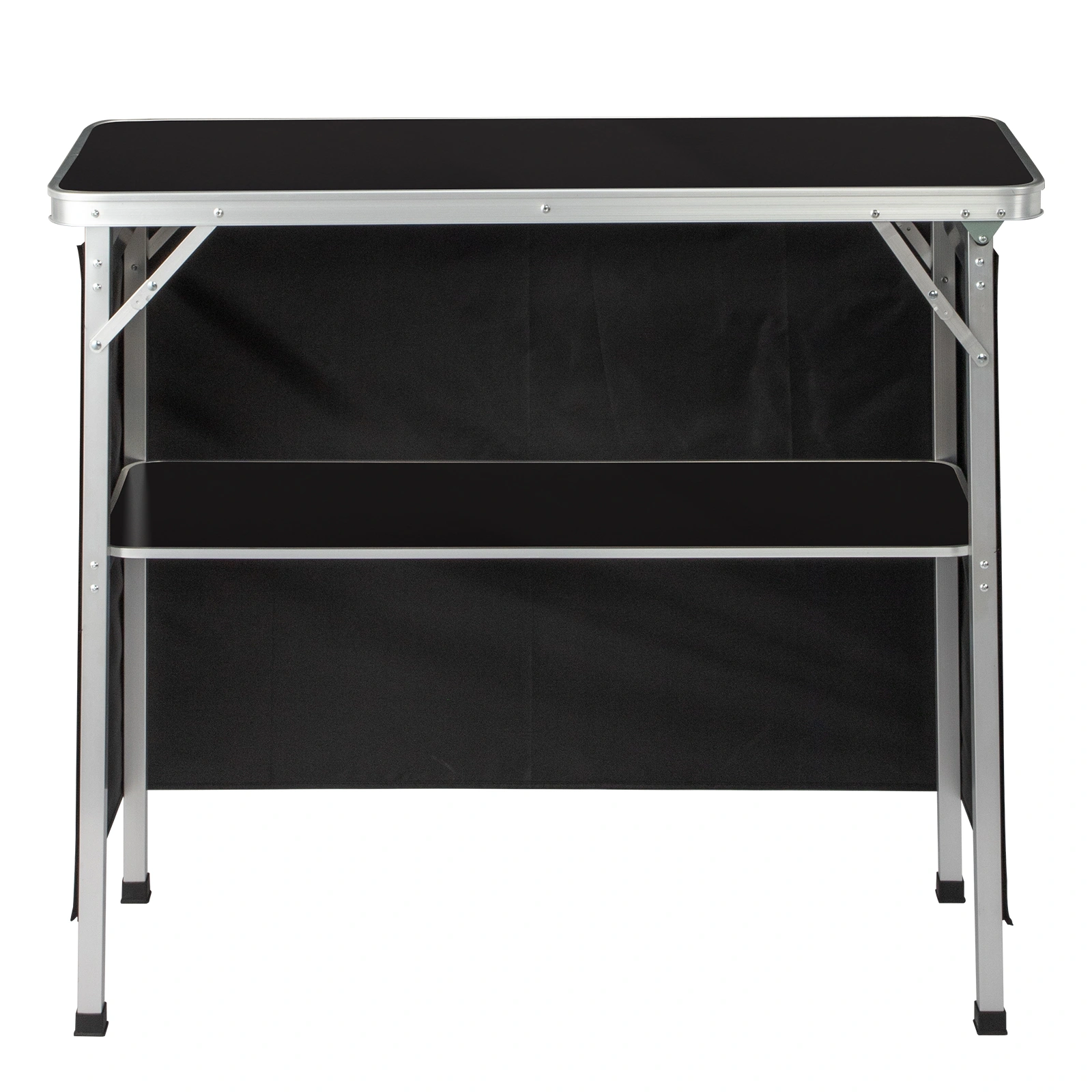 Portable Folding Bar Table with Shelf, Tradeshow Podium Table with Black Skirt and Carrying Bag, for Indoor Outdoor Party Picnic Exhibition, Black view 4