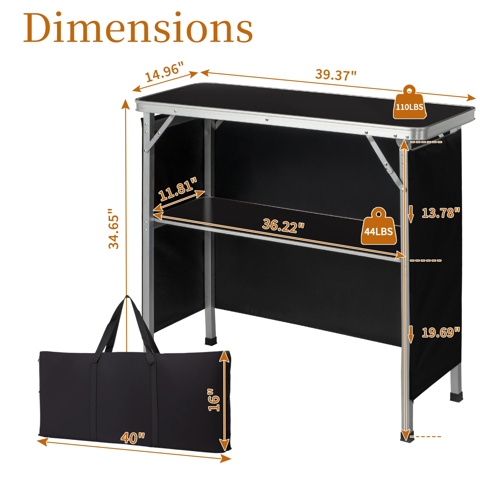 Portable Folding Bar Table with Shelf, Tradeshow Podium Table with Black Skirt and Carrying Bag, for Indoor Outdoor Party Picnic Exhibition, Black view 6