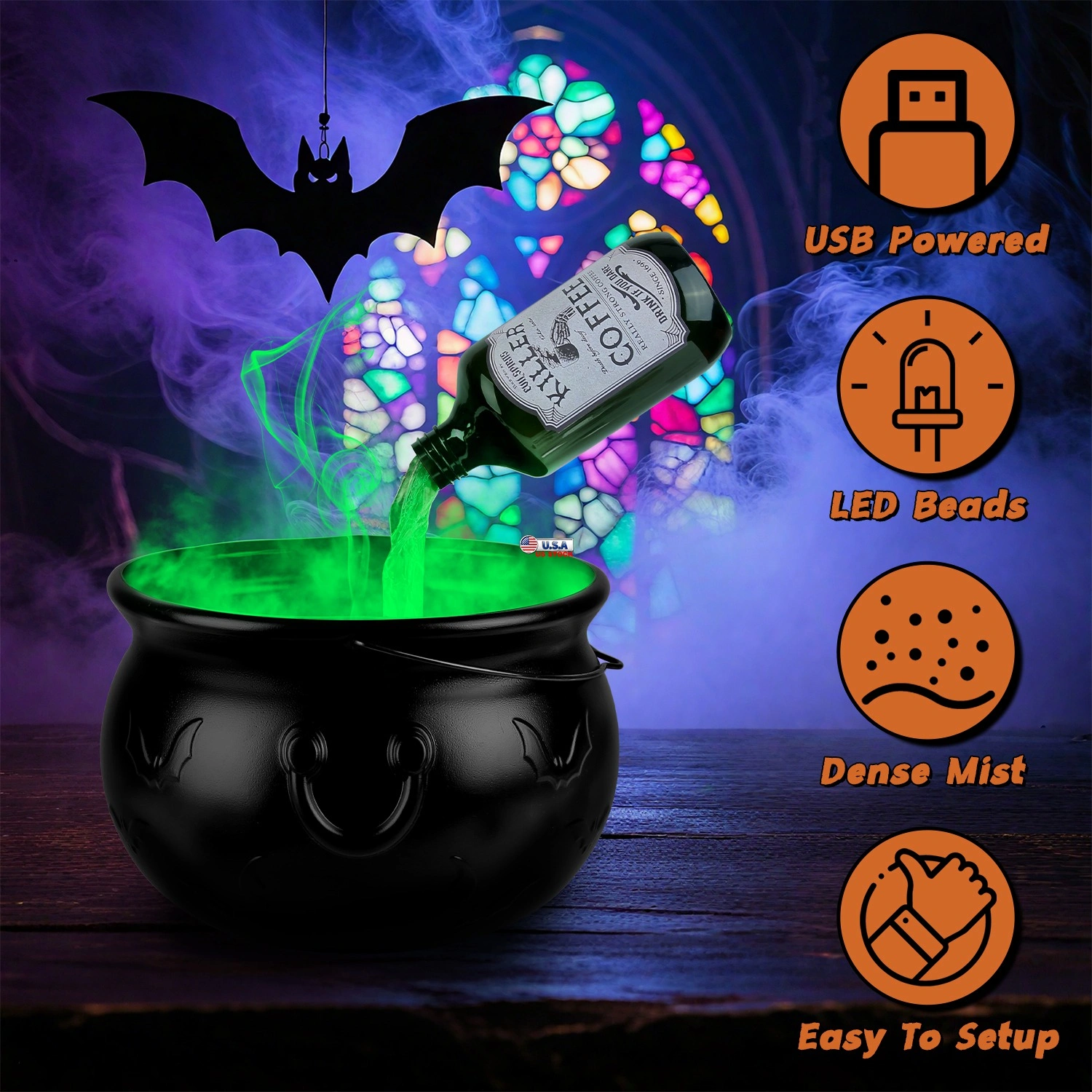 Halloween Floating Potion Bottle Decor - 2-in-1 USB-Powered Green Mist Maker & 4 LED Lights, IPX8 Waterproof with Splash Guard, Haunted House & Party Decoration