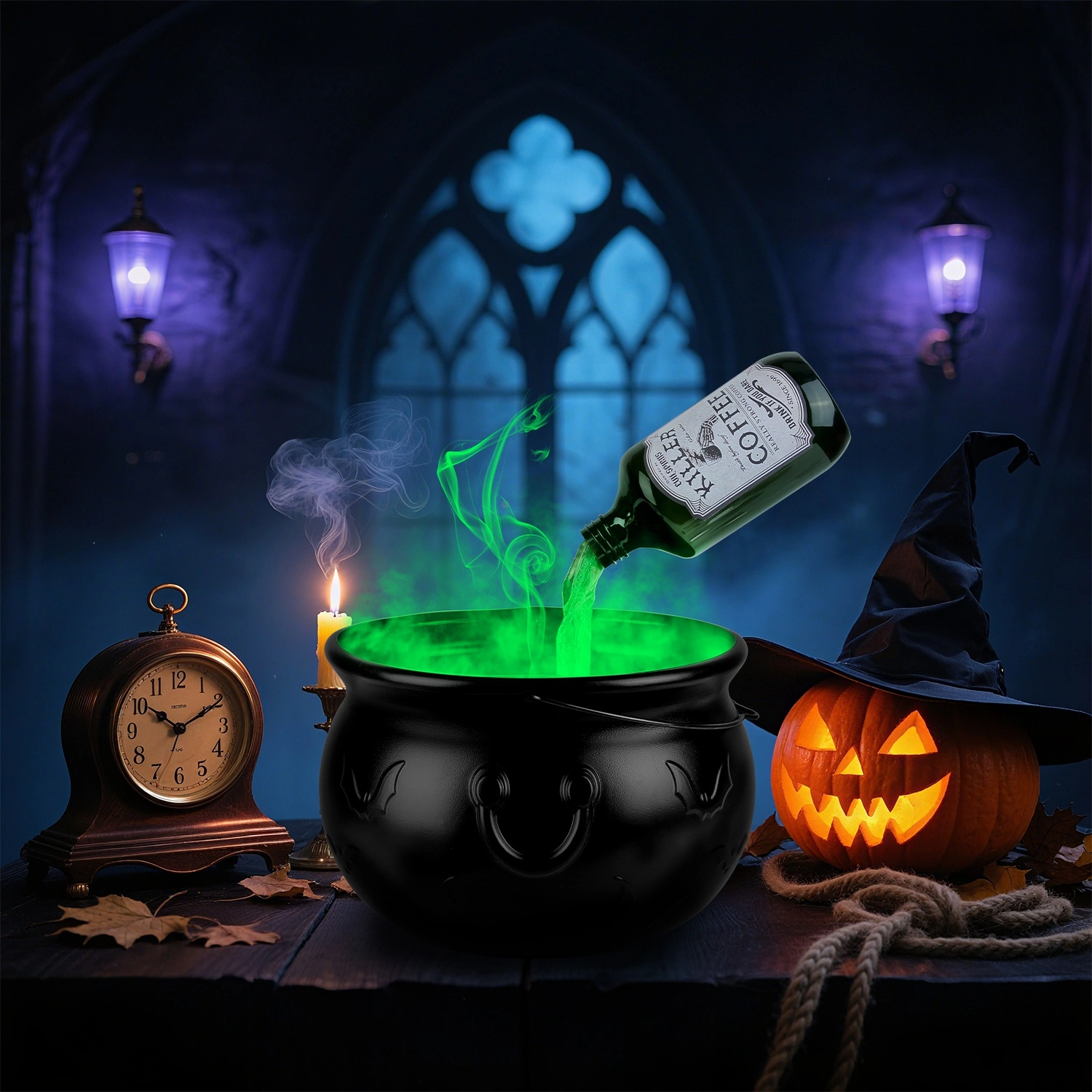 Halloween Floating Potion Bottle Decor - 2-in-1 USB-Powered Green Mist Maker & 4 LED Lights, IPX8 Waterproof with Splash Guard, Haunted House & Party Decoration view 2