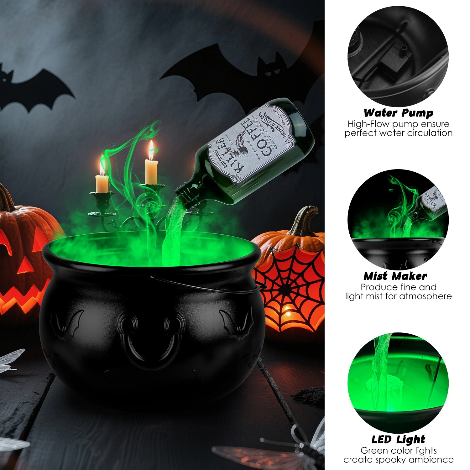 Halloween Floating Potion Bottle Decor - 2-in-1 USB-Powered Green Mist Maker & 4 LED Lights, IPX8 Waterproof with Splash Guard, Haunted House & Party Decoration view 3