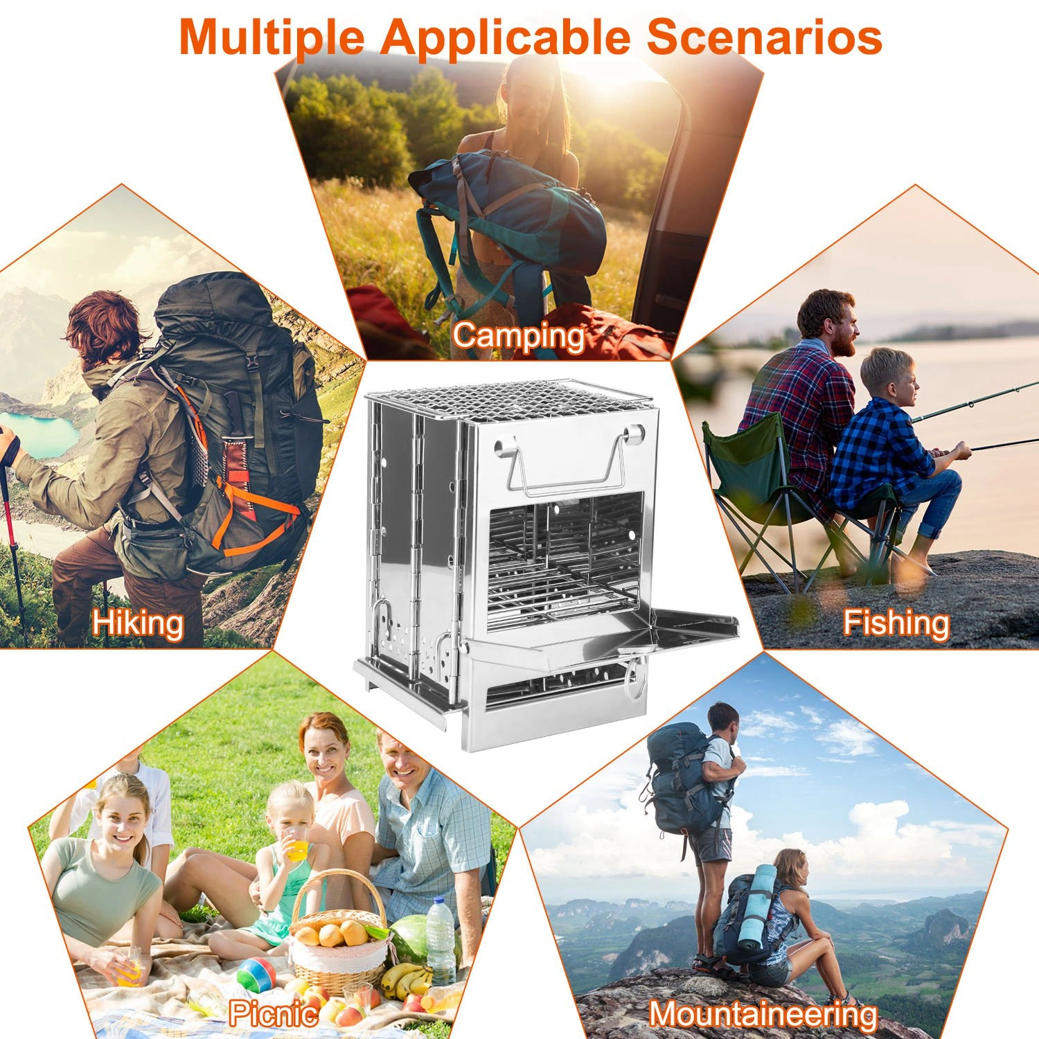 Foldable Camping Wood Burning Stove with Grill, Camp Stove Collapsible Backpacking Survival Stove Stainless Steel Campfire Stove for Outdoor Cooking Picnic Hiking BBQ (Sliver-Large) view 3