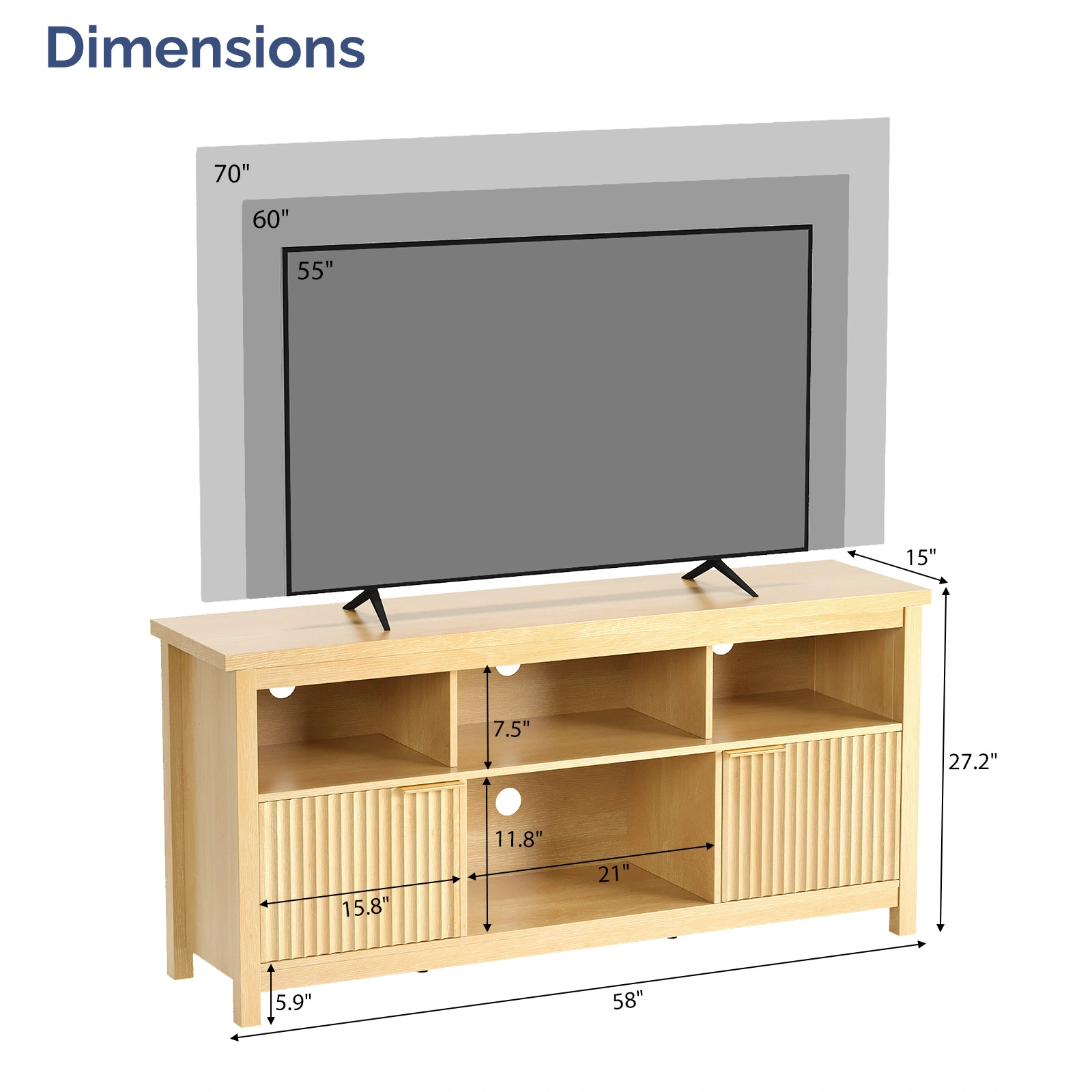 Entertainment Center TV Stand with 4 Open Cubbies & 2 Fluted Hinged Storage Doors, Adjustable Inner Shelves, Cable Management Holes, Media Console Cabinet for Living Room Bedroom, 58.07 x 14.96 x 27.36 Inches, Embossed Melamine Faced Particleboard, N view 10