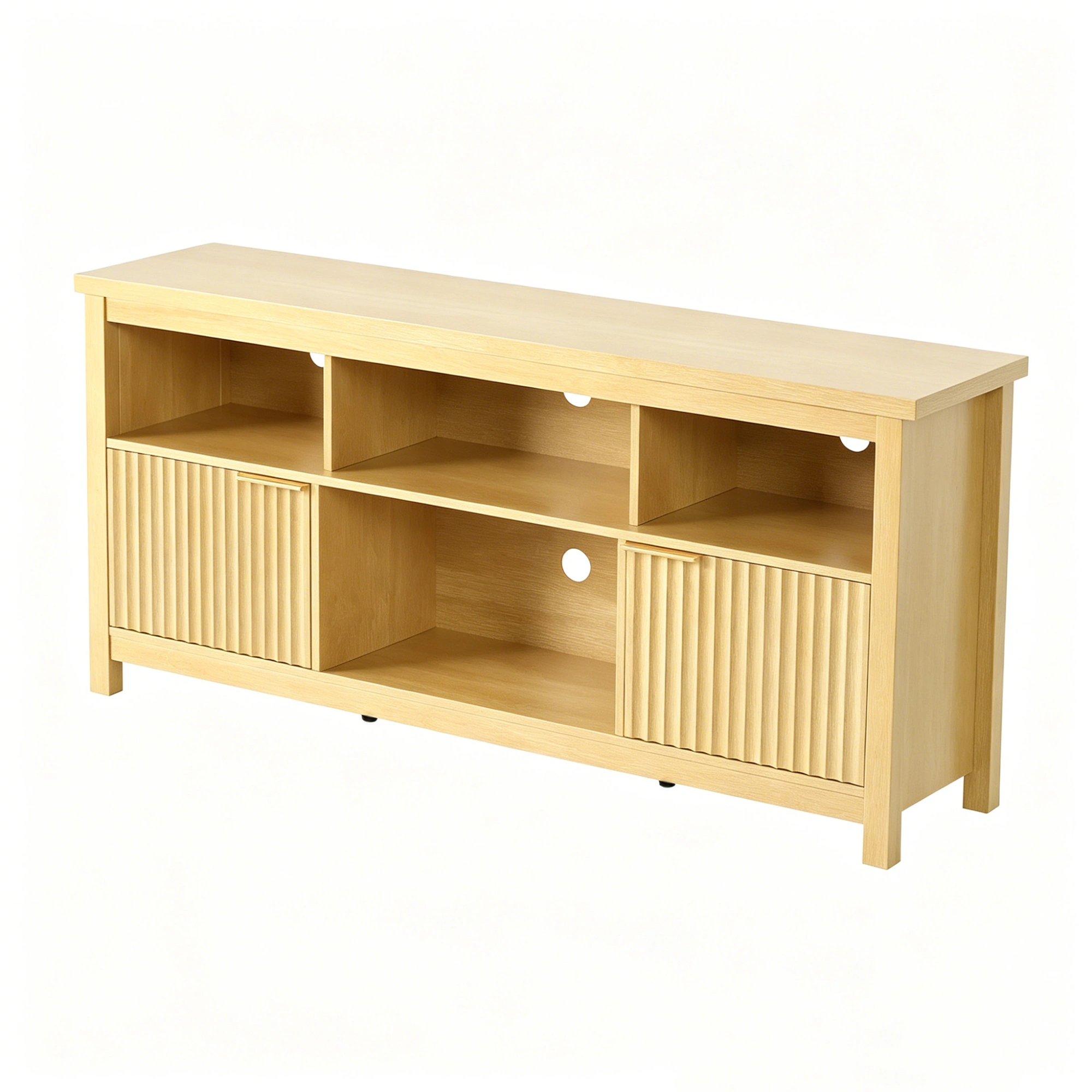 Entertainment Center TV Stand with 4 Open Cubbies & 2 Fluted Hinged Storage Doors, Adjustable Inner Shelves, Cable Management Holes, Media Console Cabinet for Living Room Bedroom, 58.07 x 14.96 x 27.36 Inches, Embossed Melamine Faced Particleboard, N view 2