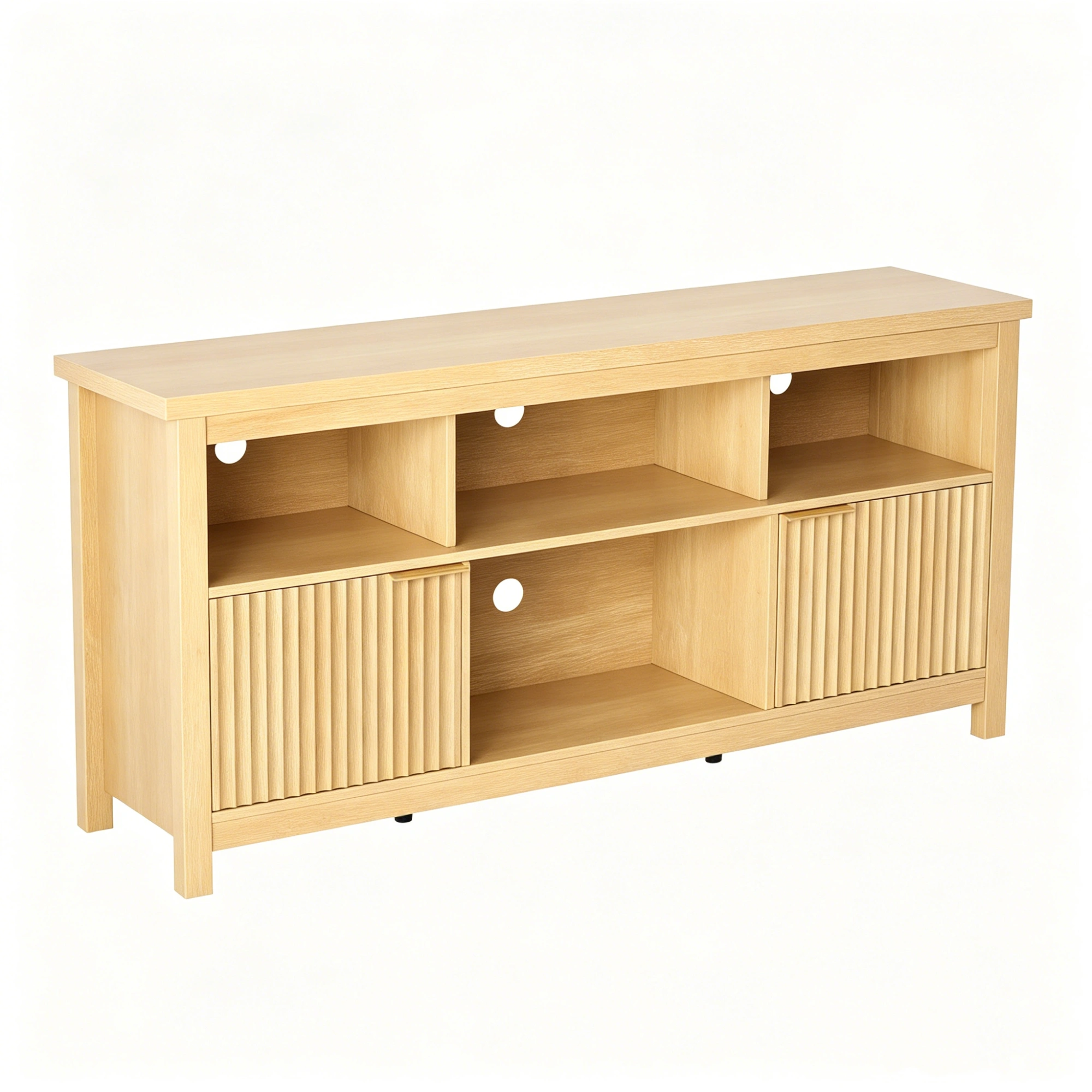 Entertainment Center TV Stand with 4 Open Cubbies & 2 Fluted Hinged Storage Doors, Adjustable Inner Shelves, Cable Management Holes, Media Console Cabinet for Living Room Bedroom, 58.07 x 14.96 x 27.36 Inches, Embossed Melamine Faced Particleboard, N view 3
