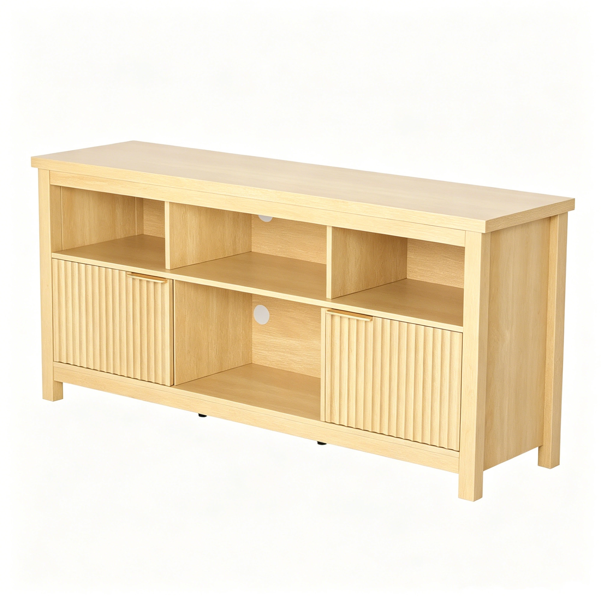 Entertainment Center TV Stand with 4 Open Cubbies & 2 Fluted Hinged Storage Doors, Adjustable Inner Shelves, Cable Management Holes, Media Console Cabinet for Living Room Bedroom, 58.07 x 14.96 x 27.36 Inches, Embossed Melamine Faced Particleboard, N view 4