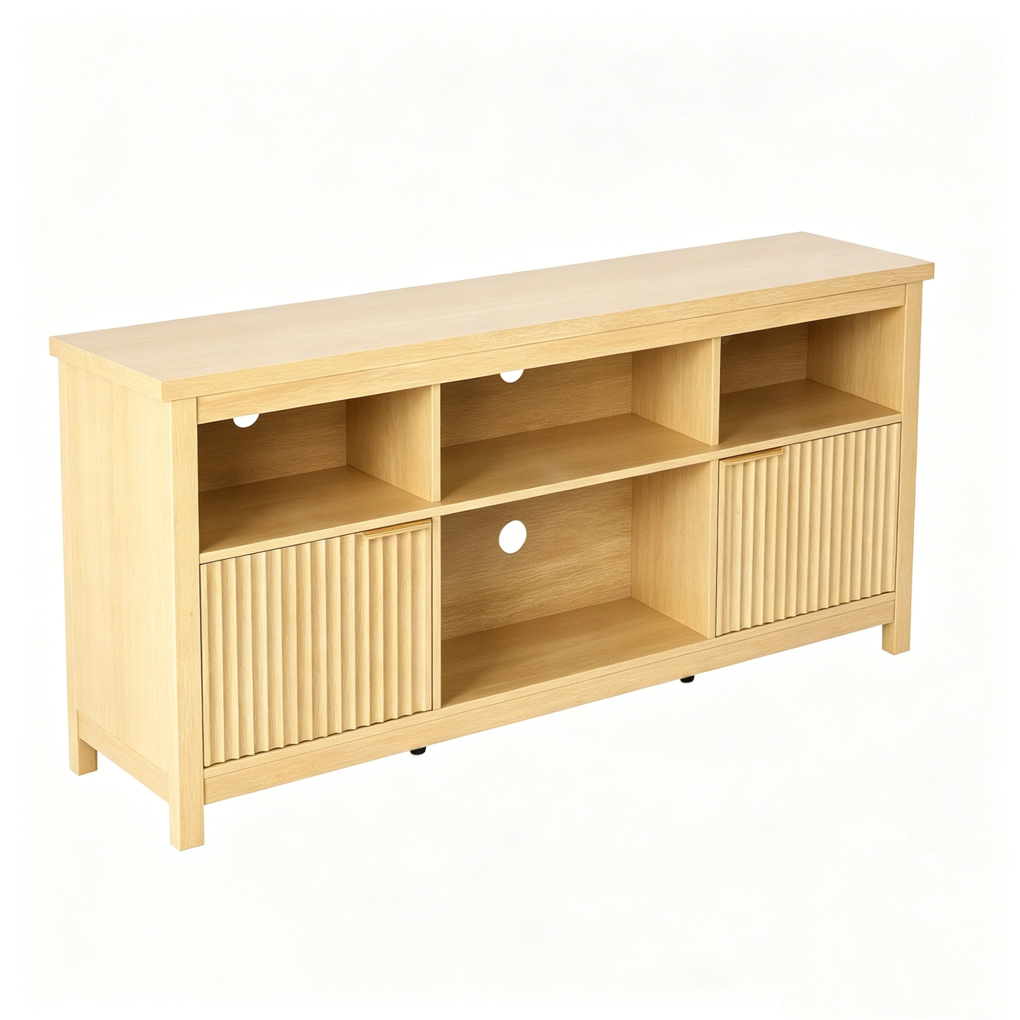 Entertainment Center TV Stand with 4 Open Cubbies & 2 Fluted Hinged Storage Doors, Adjustable Inner Shelves, Cable Management Holes, Media Console Cabinet for Living Room Bedroom, 58.07 x 14.96 x 27.36 Inches, Embossed Melamine Faced Particleboard, N view 5