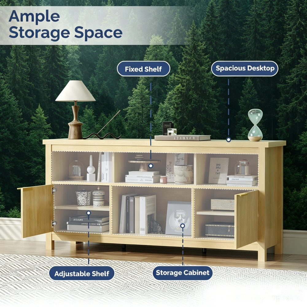 Entertainment Center TV Stand with 4 Open Cubbies & 2 Fluted Hinged Storage Doors, Adjustable Inner Shelves, Cable Management Holes, Media Console Cabinet for Living Room Bedroom, 58.07 x 14.96 x 27.36 Inches, Embossed Melamine Faced Particleboard, N view 7