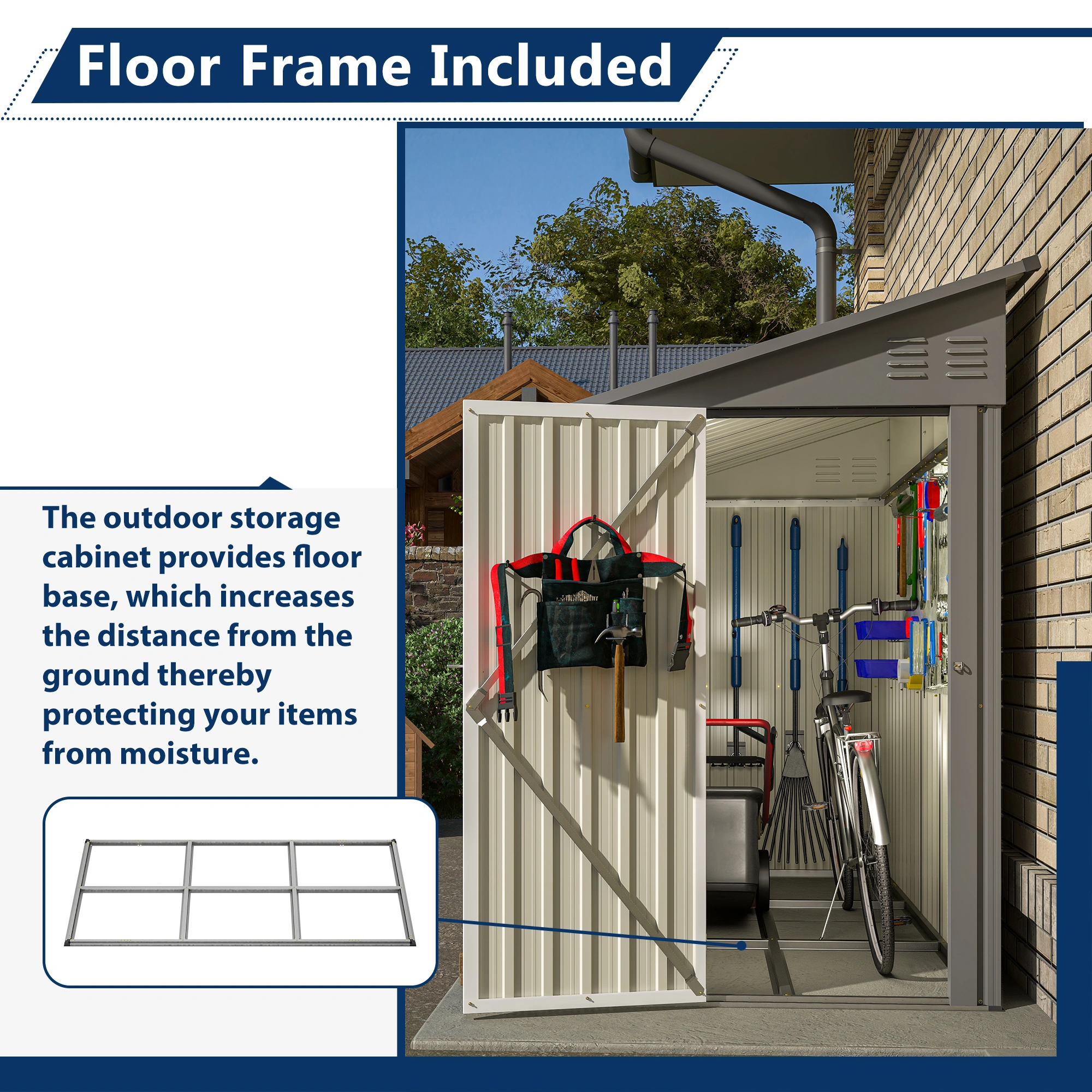 4x8 Lean To Metal Storage Shed, Outdoor Steel Side Wall Cabinet with Floor Frame, Single Door Left or Right Mount, Weather Resistant Garden Shed for Backyard Patio - Grey view 3
