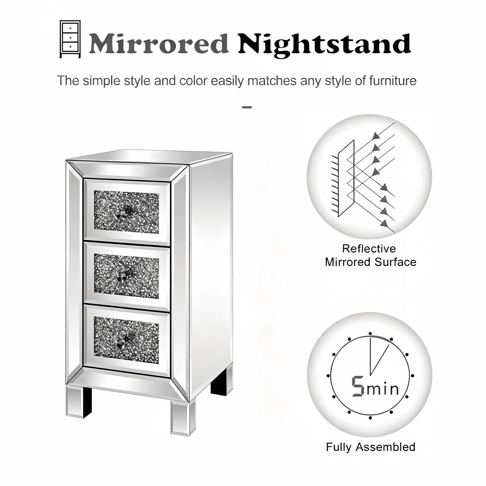 (Do Not Sale on Amazon) 3-Drawer Nightstand with Crushed Diamond Drawer Fronts MDF Drawer Unit with Mirrored Finish 11.8*11.8*23.6in Silver view 5