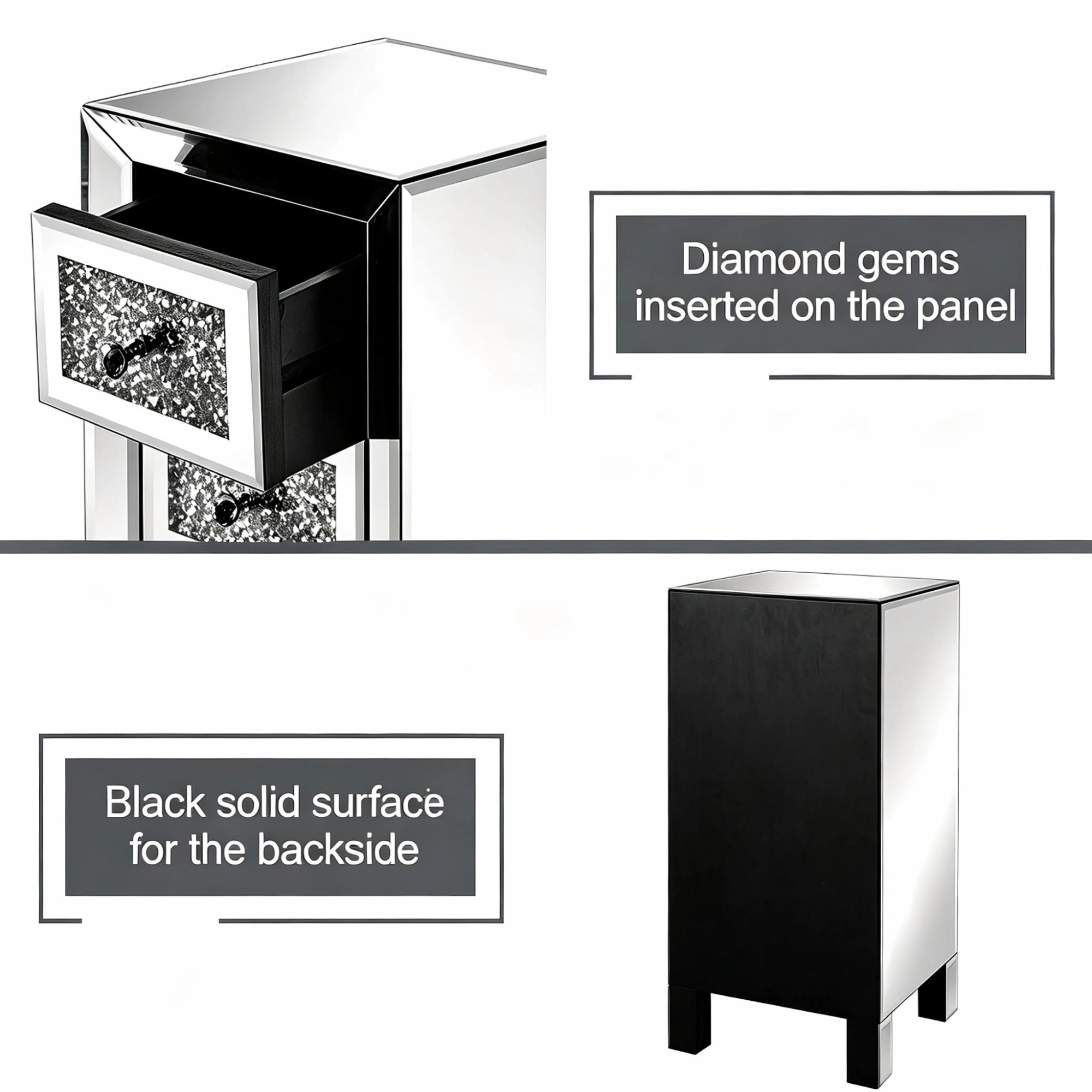 (Do Not Sale on Amazon) 3-Drawer Nightstand with Crushed Diamond Drawer Fronts MDF Drawer Unit with Mirrored Finish 11.8*11.8*23.6in Silver view 7