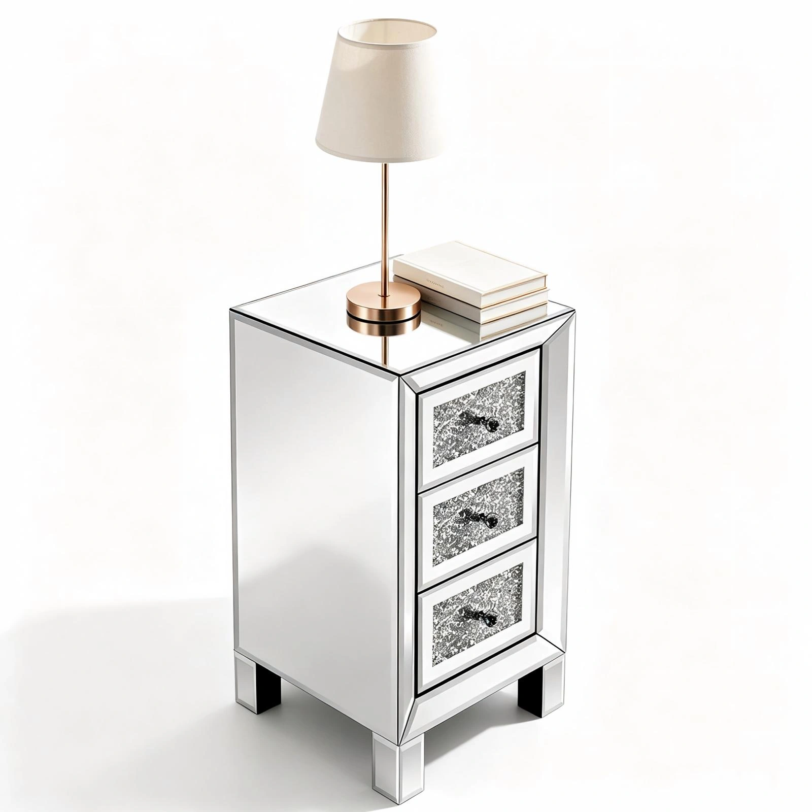 (Do Not Sale on Amazon) 3-Drawer Nightstand with Crushed Diamond Drawer Fronts MDF Drawer Unit with Mirrored Finish 11.8*11.8*23.6in Silver view 8