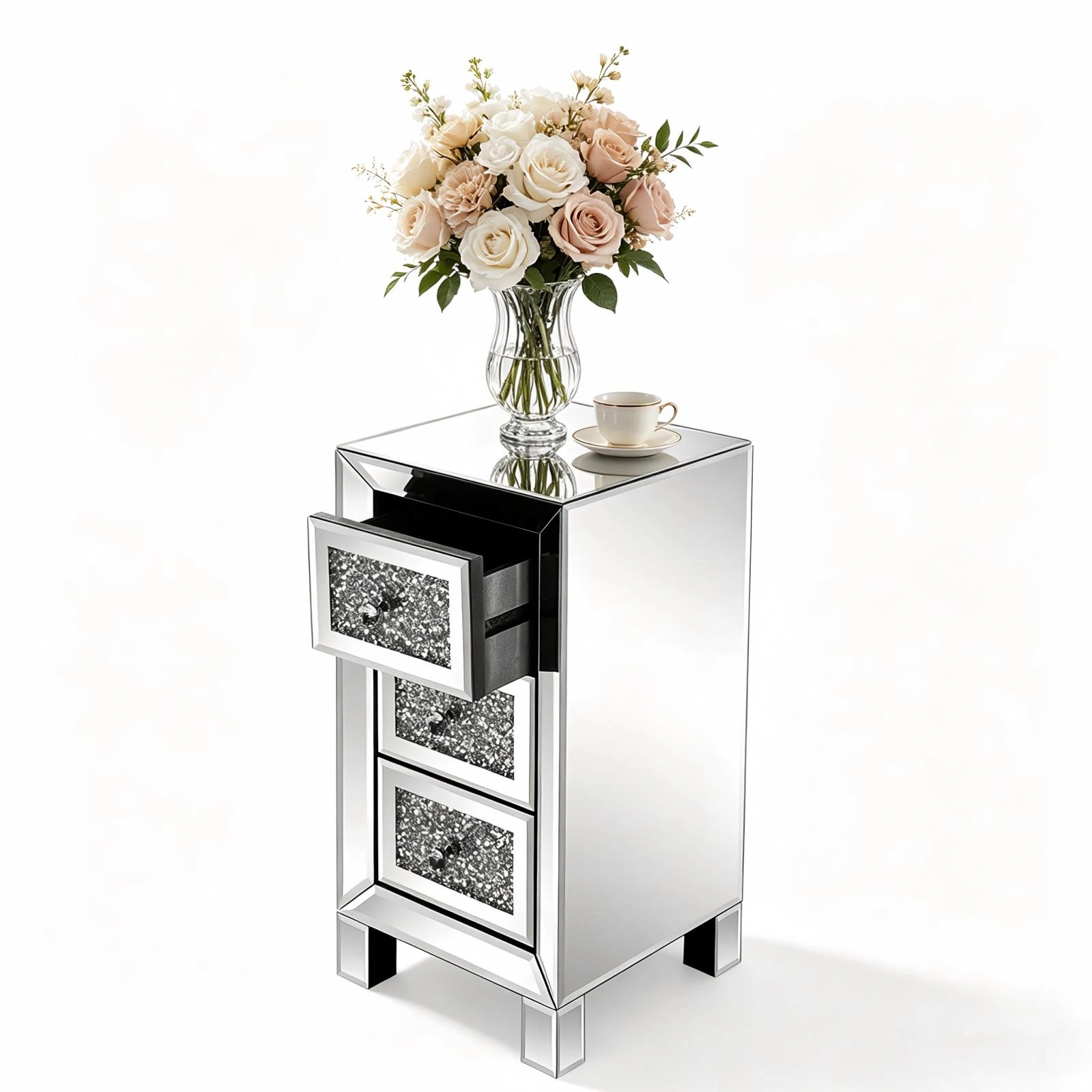 (Do Not Sale on Amazon) 3-Drawer Nightstand with Crushed Diamond Drawer Fronts MDF Drawer Unit with Mirrored Finish 11.8*11.8*23.6in Silver view 9