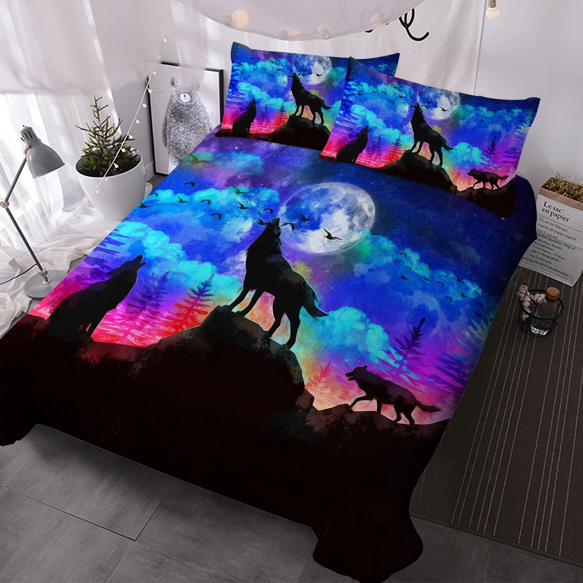 Moon Wolf 3 Piece Duvet Cover Set - Colorful Microfiber Double Bedding for Kids, Soft & Breathable