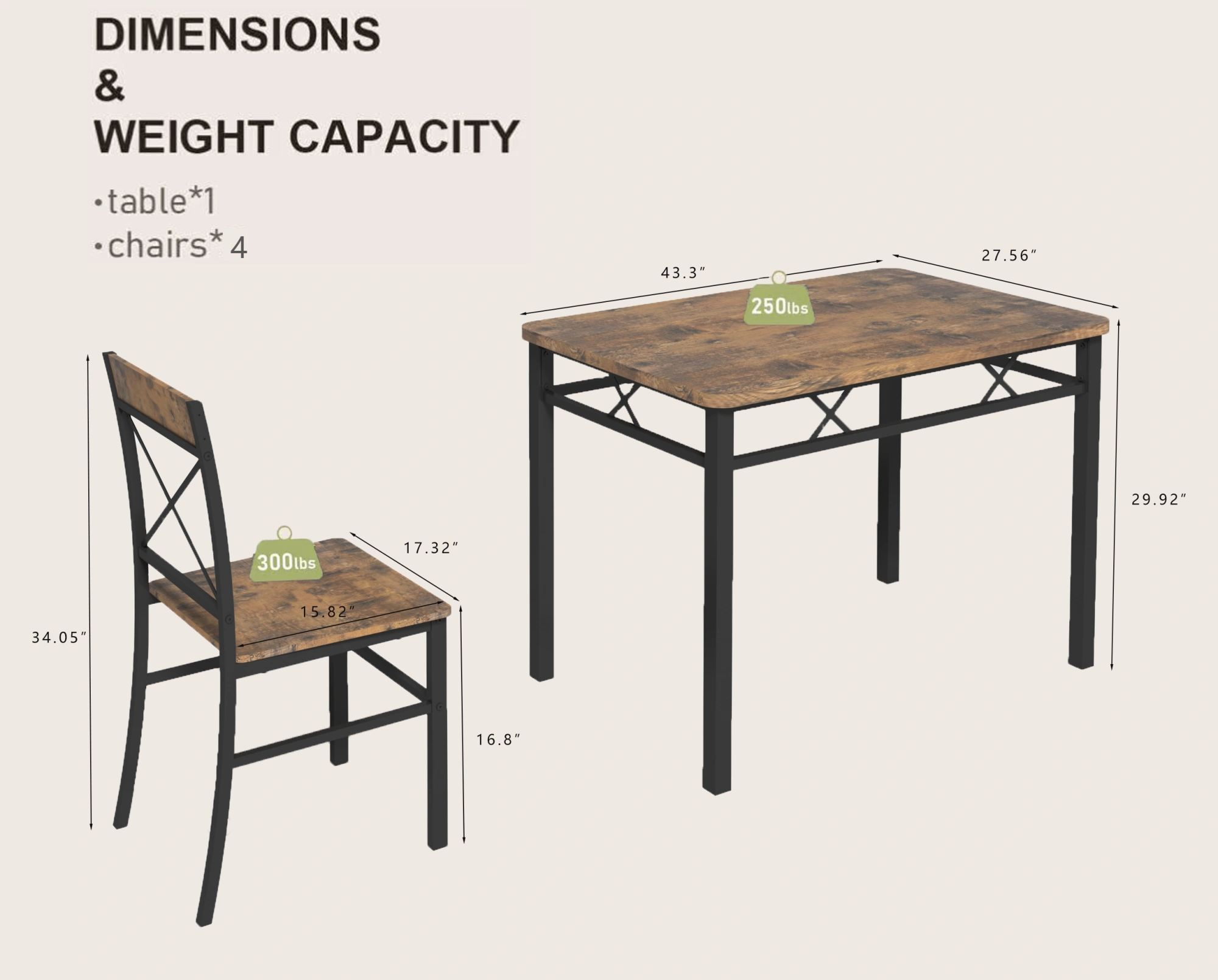 4 Piece Dining Table Set for 4, Solid Wood Kitchen Table and Chairs, Compact Dining Room Set with Chairs for Small Spaces, Rustic Brown view 2
