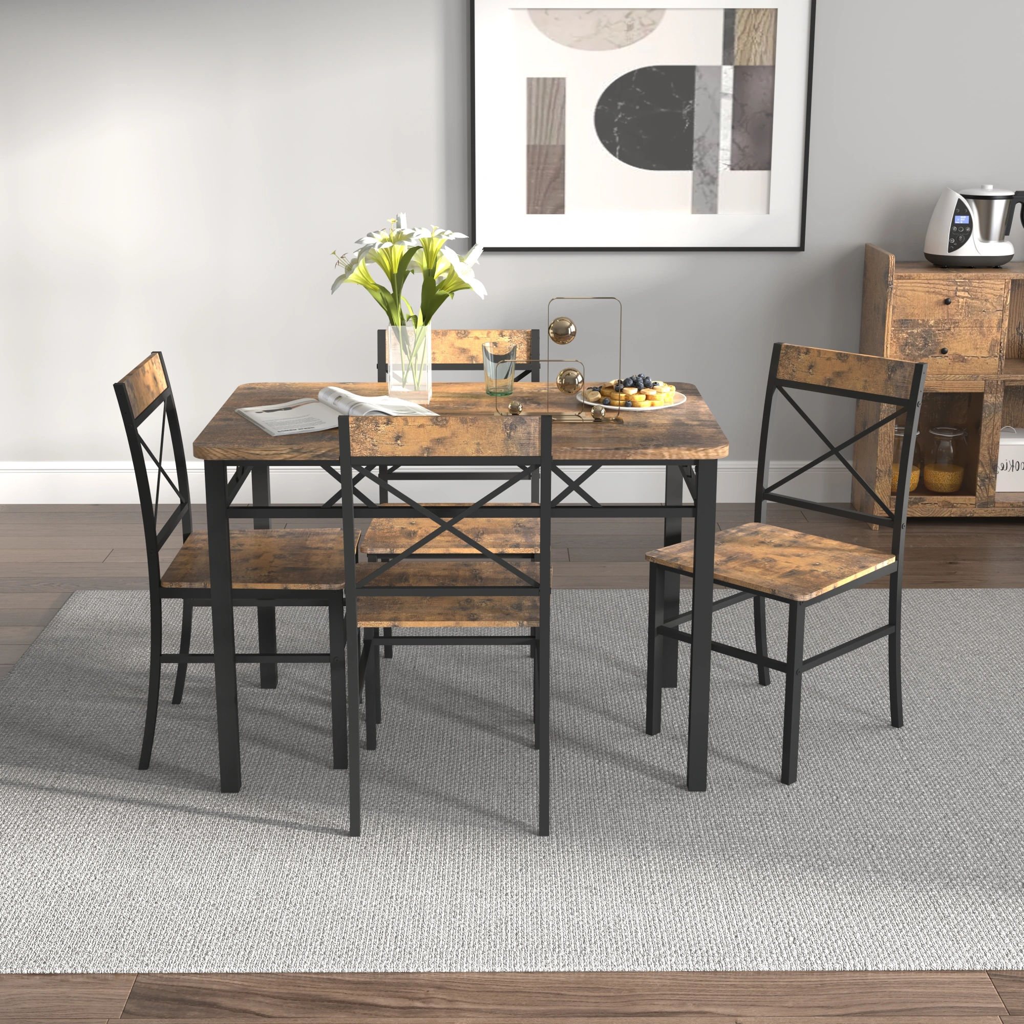 4 Piece Dining Table Set for 4, Solid Wood Kitchen Table and Chairs, Compact Dining Room Set with Chairs for Small Spaces, Rustic Brown view 6